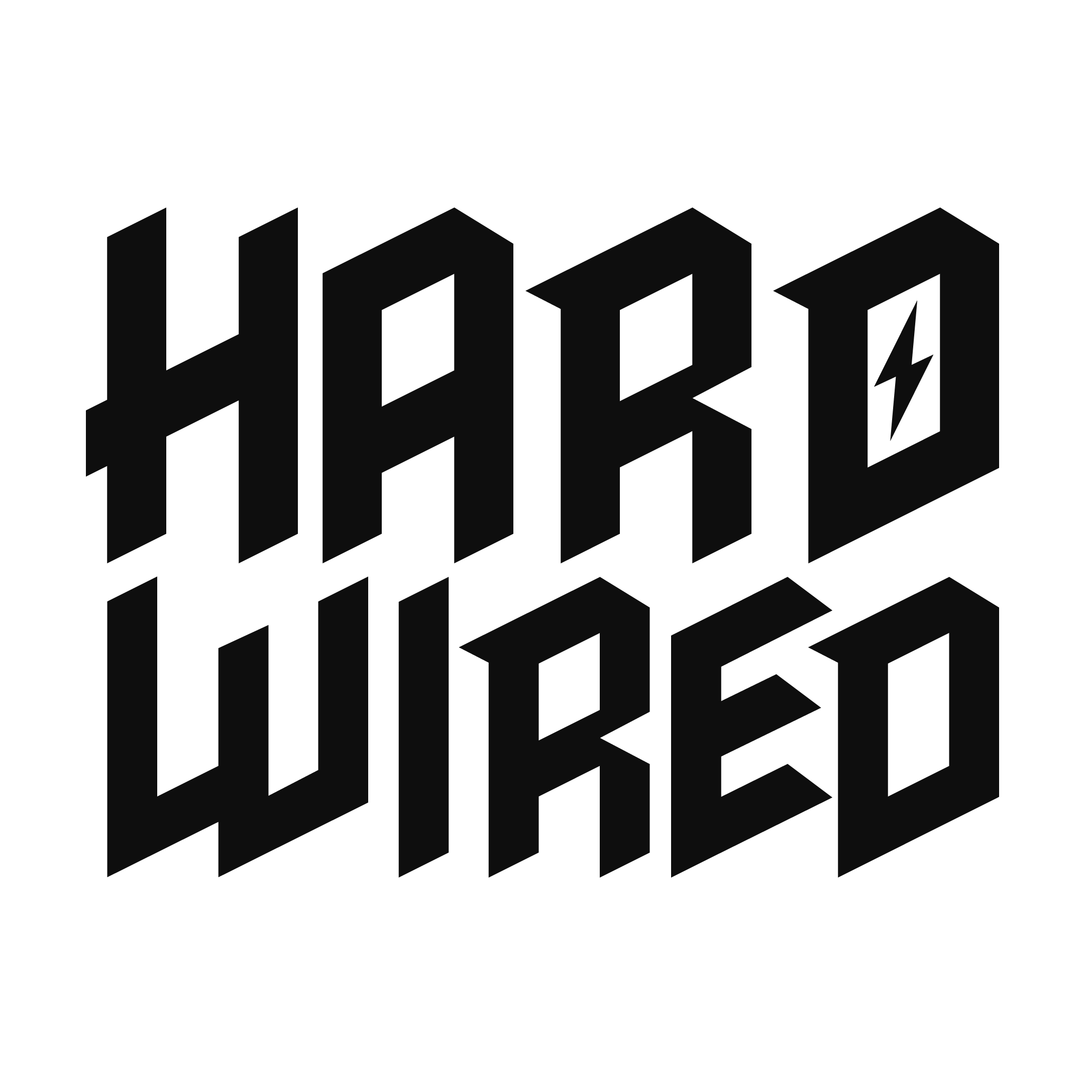 Black text graphic saying 'HARD WIRED' with a lightning bolt symbol in the letter 'O'.