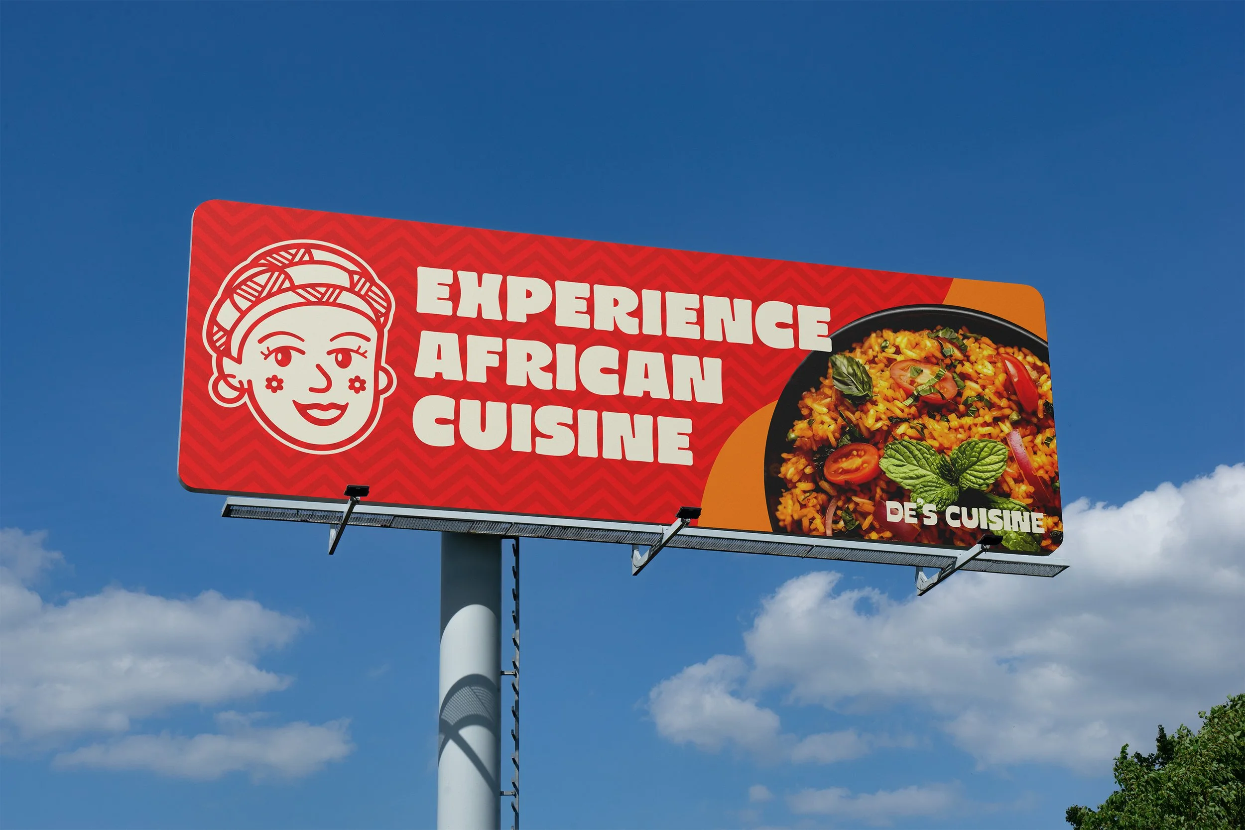 Billboard advertising African cuisine with a drawing of a smiling woman wearing a headwrap on a red background, and a photo of a dish with rice, vegetables, and herbs.