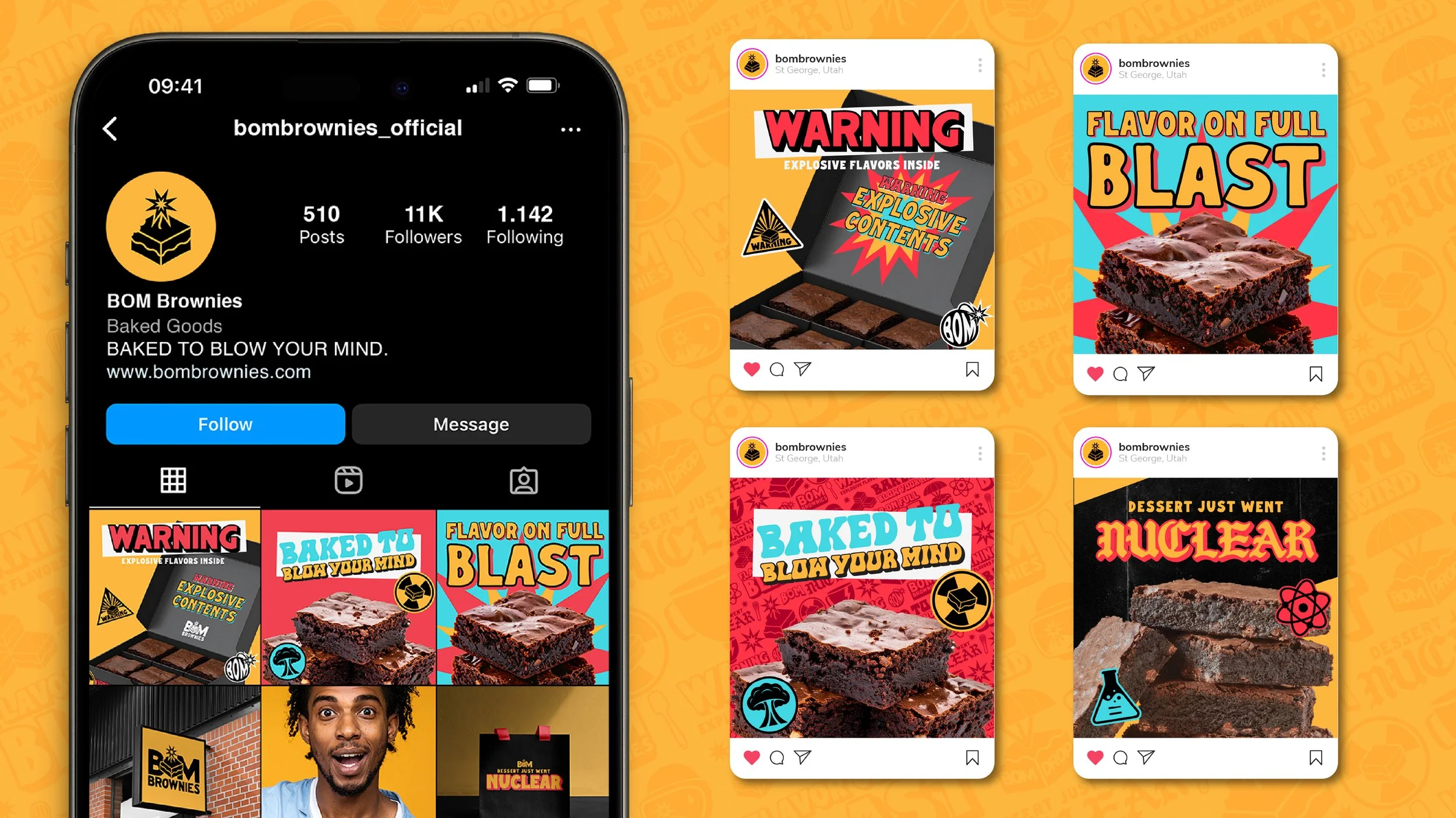 Instagram profile of BOM Brownies with images of baked brownies and colorful promotional graphics with text such as 'Warning', 'Baked to Blow Your Mind', 'Flavor on Full Blast', and 'Nuclear' on an orange background.