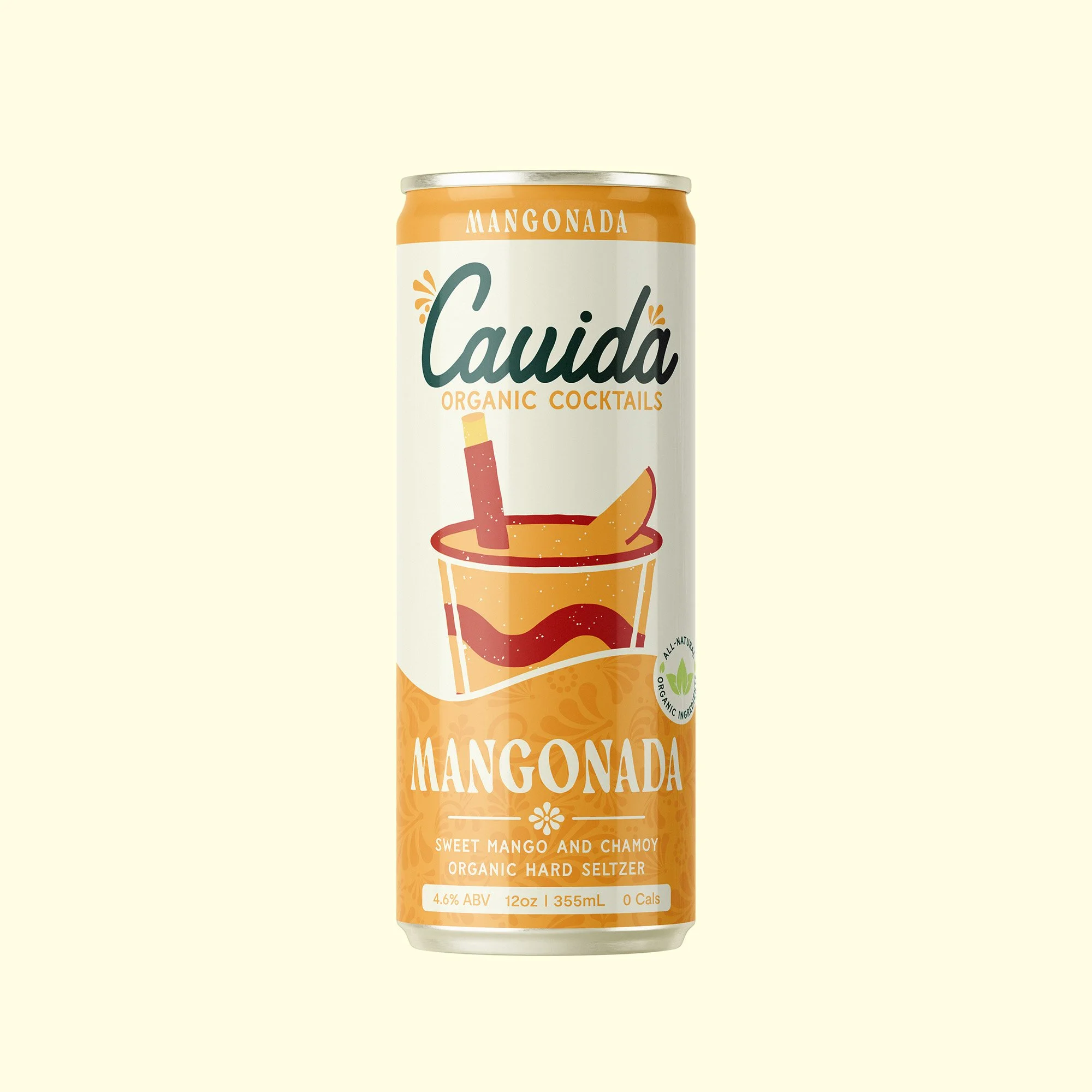 Can of Cauida Mango NADA organic cocktails with sweet mango and chamoy flavor, 12 ounces, 4.6% ABV, featuring an illustration of a cocktail glass with mango and chamoy, and organic ingredients label.