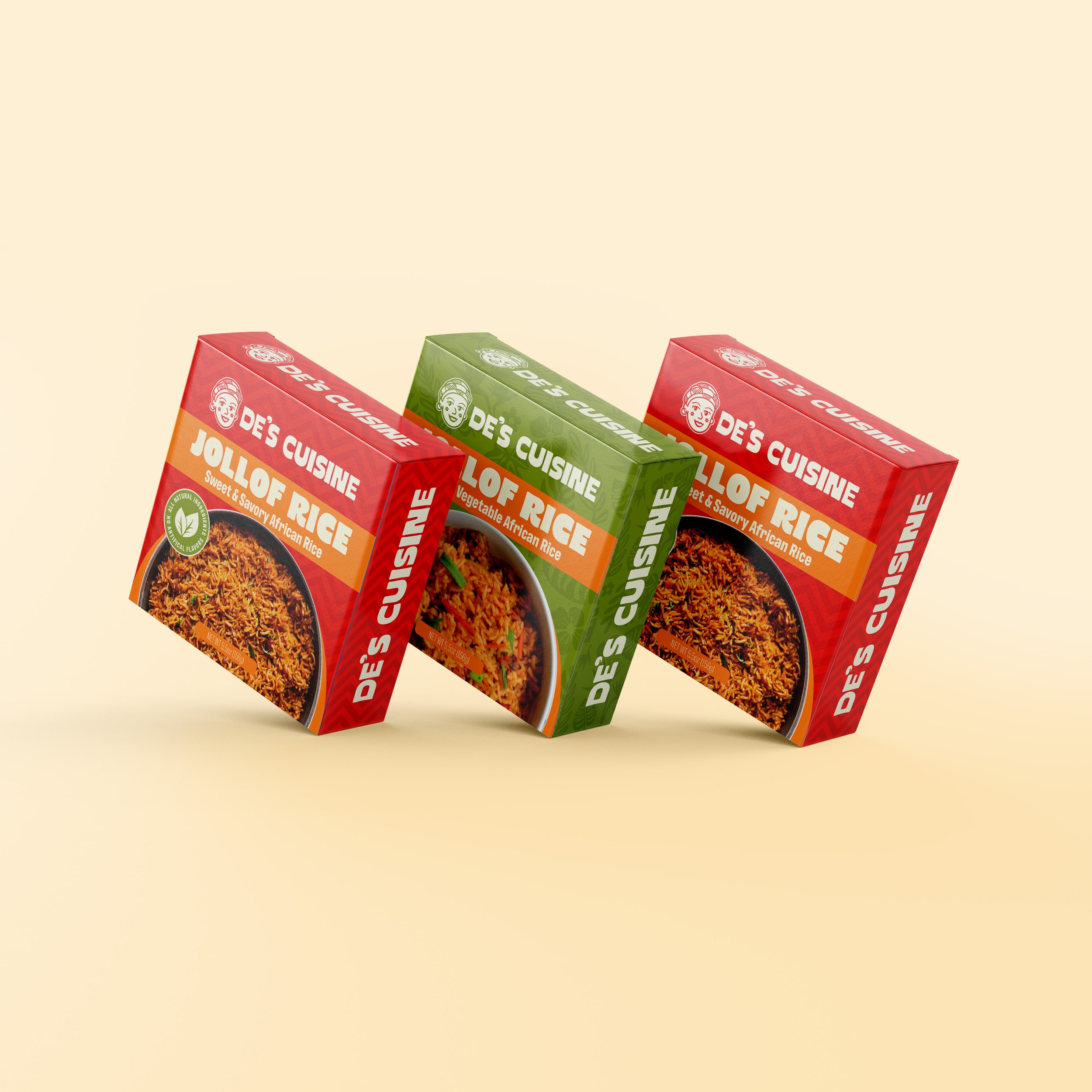 Three packages of Dé's Cuisine Jollof Rice, a traditional African rice dish, in red and green packaging, displayed against a beige background.