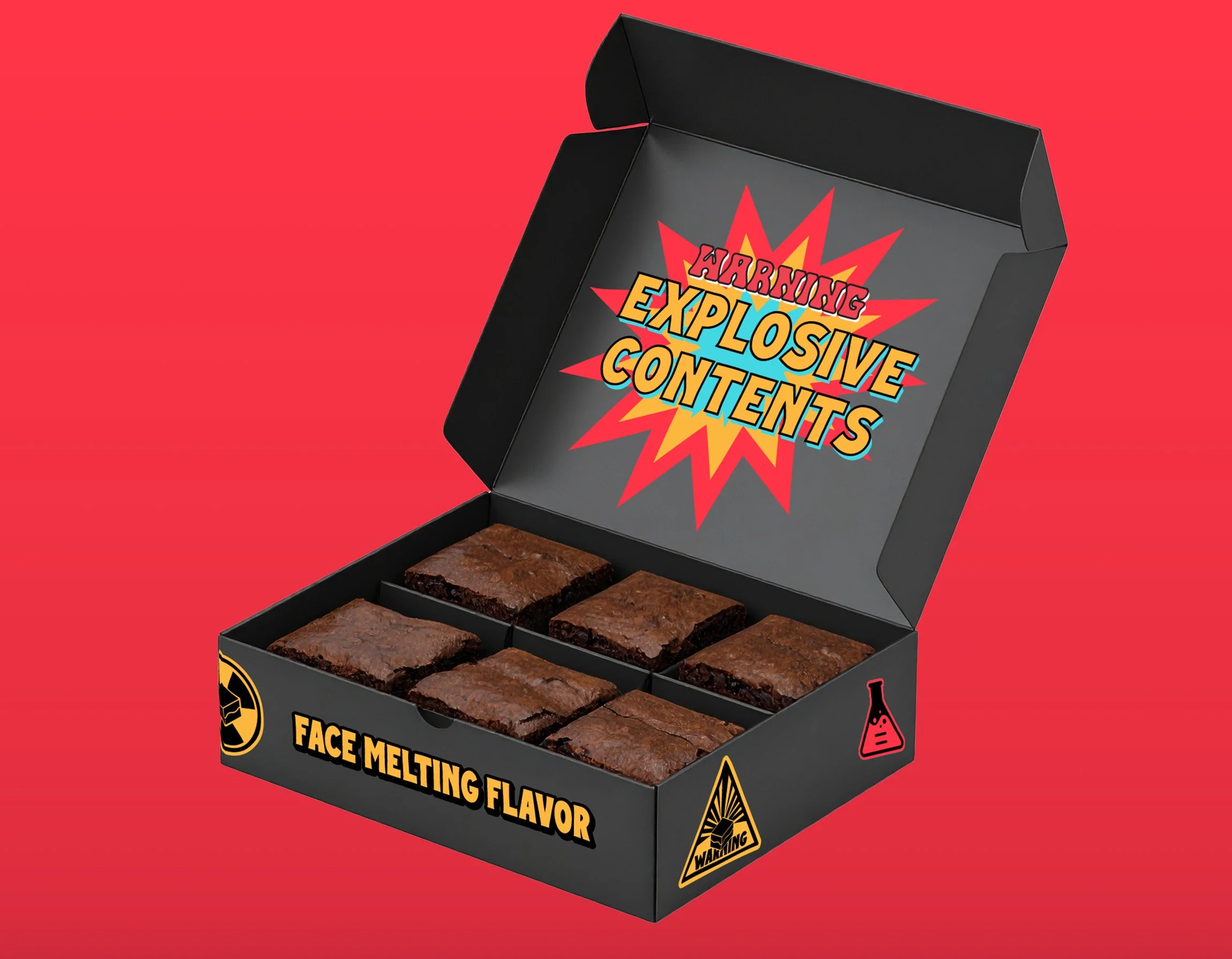Open black box containing six brownie squares with a warning label on the front reading 'Face Melting Flavor'. Inside the lid, colorful comic-style text warns 'Hearing Explosive Contents' against a red backdrop.