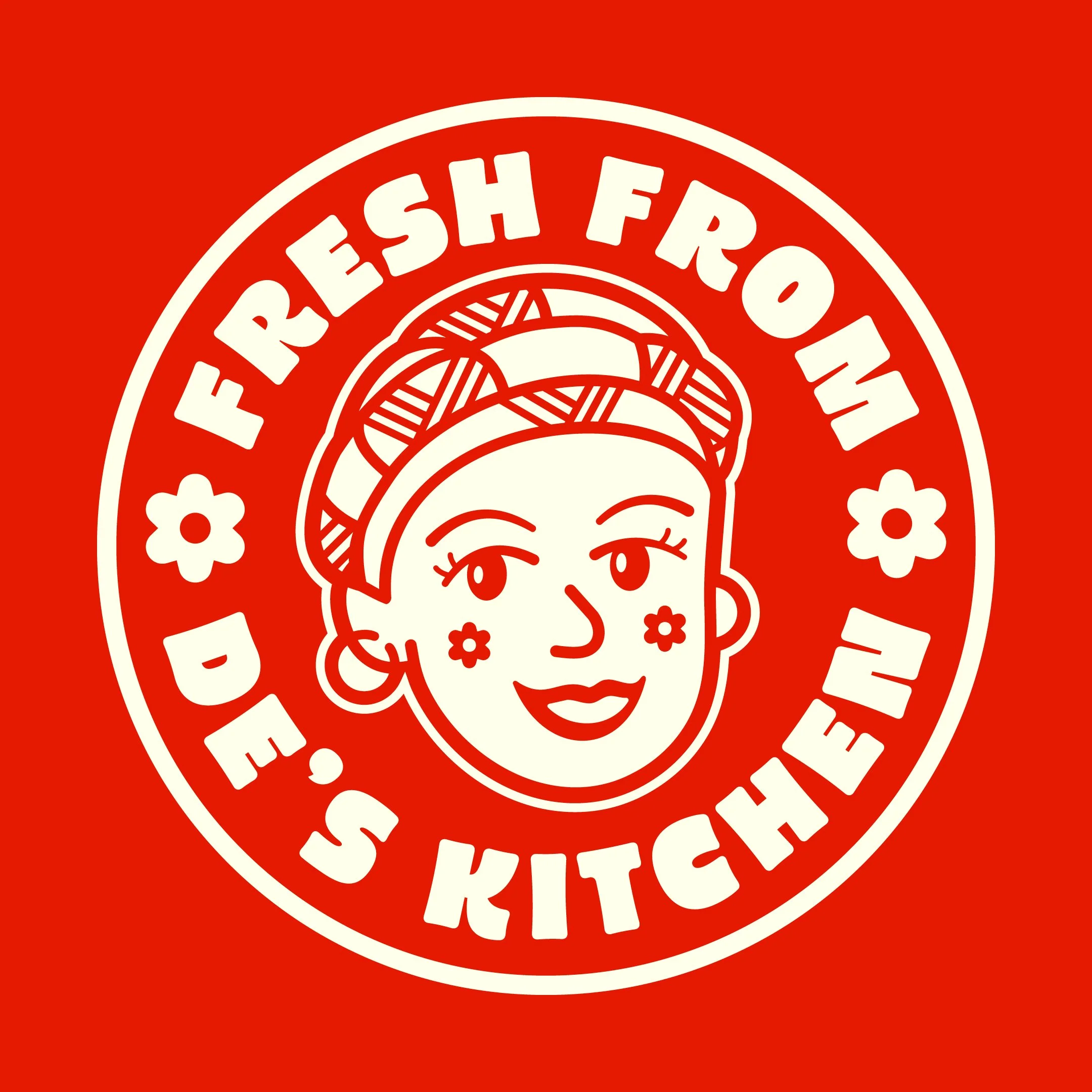 A circular logo with a red background, featuring a smiling woman with flowers on her cheeks, earrings, and a hair net, surrounded by the text 'Fresh From De.S Kitchen' and two flower illustrations.