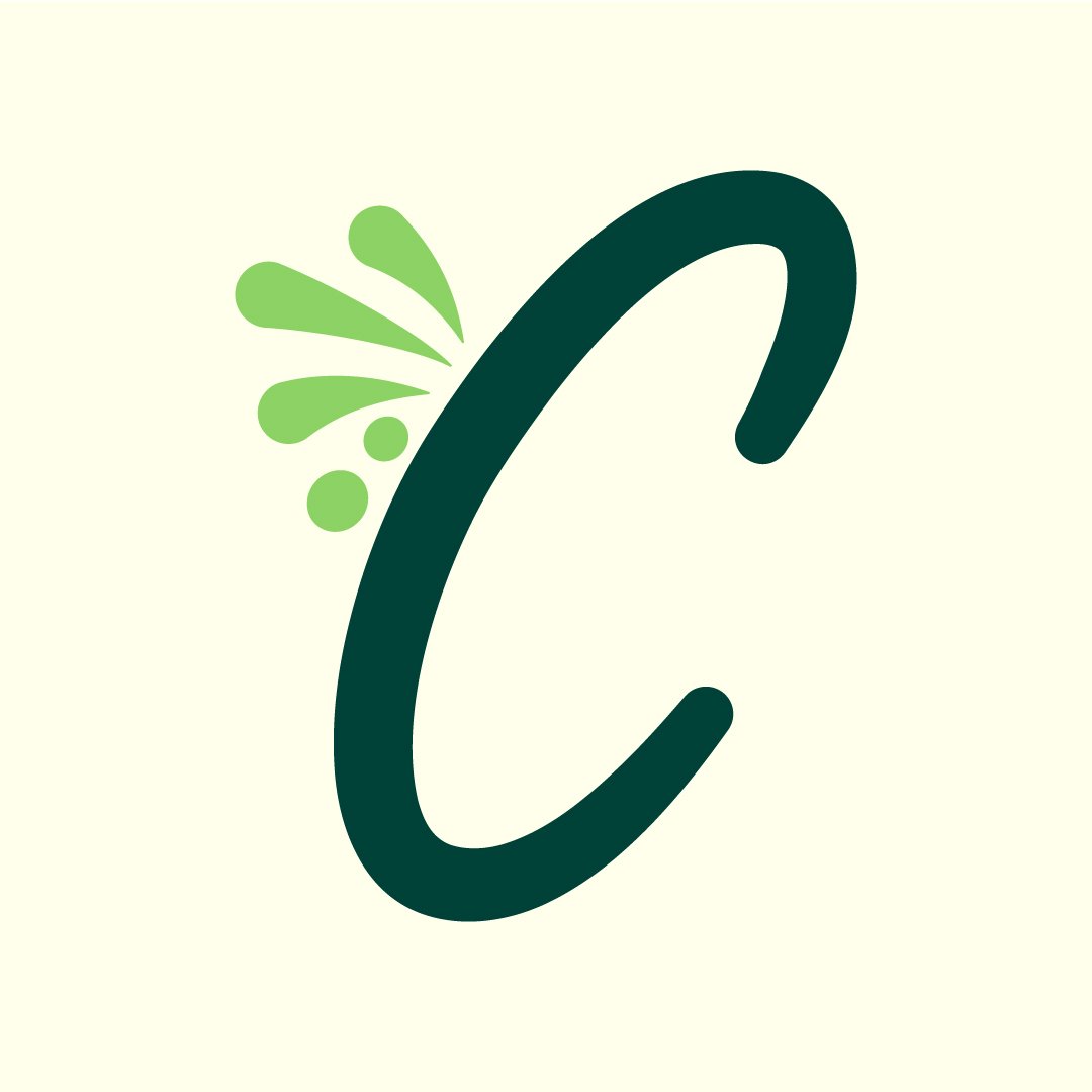 Stylized letter 'C' with splashes of green around it on a light background.