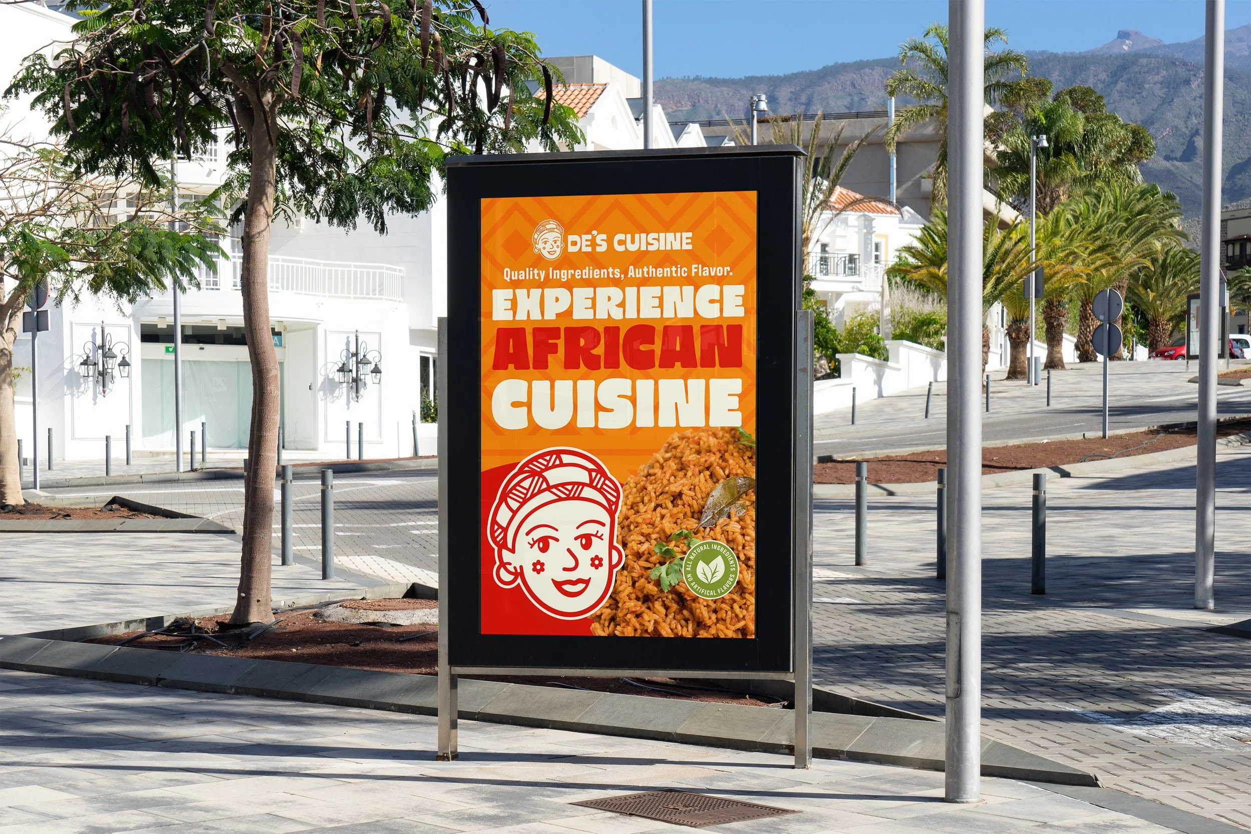 Outdoor sign advertising African cuisine with a picture of rice and a cartoon illustration of a woman with a headwrap.