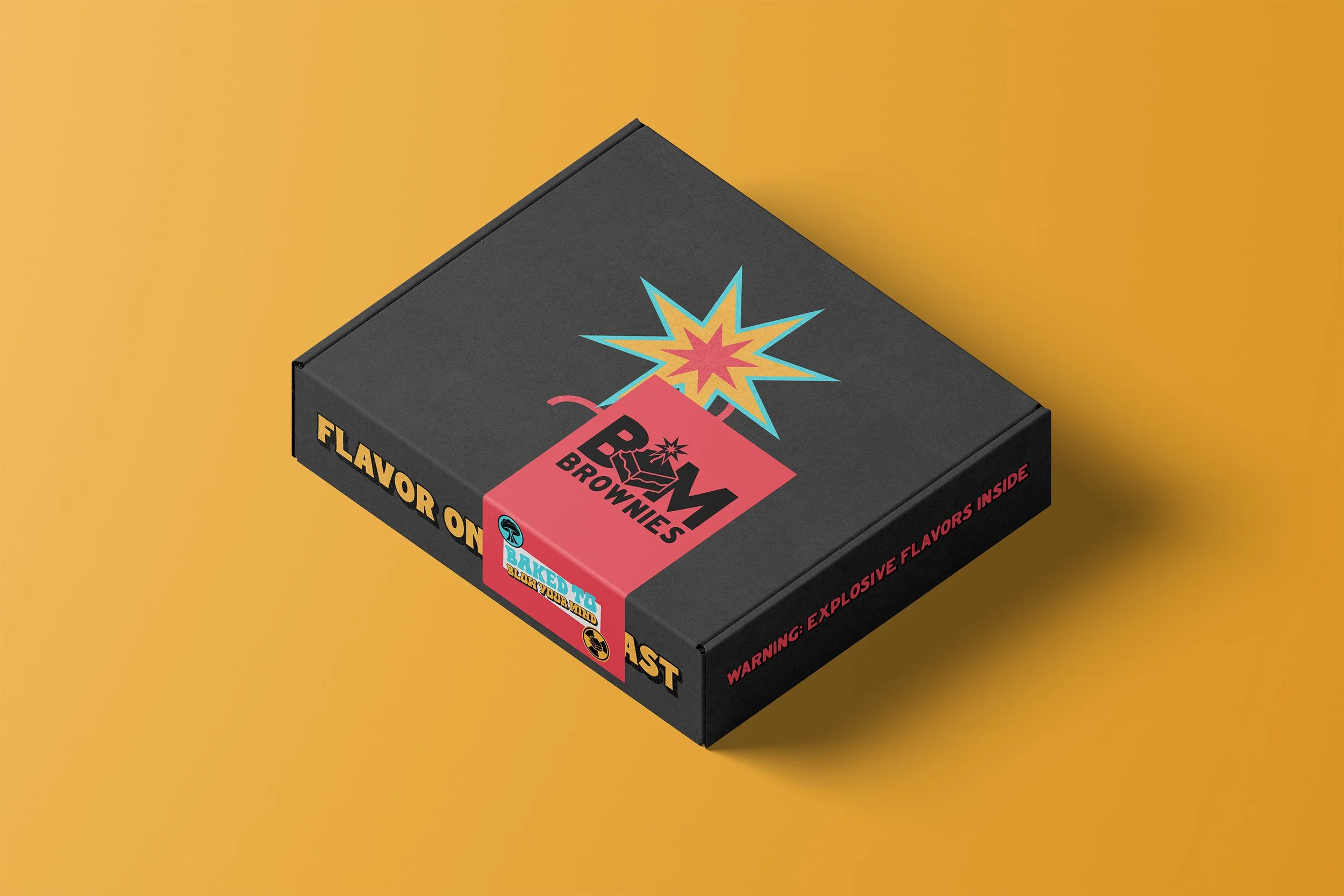 A black box of B&M Brownies with colorful explosion graphic, pink label, and warning about explosive flavors inside on an orange background.
