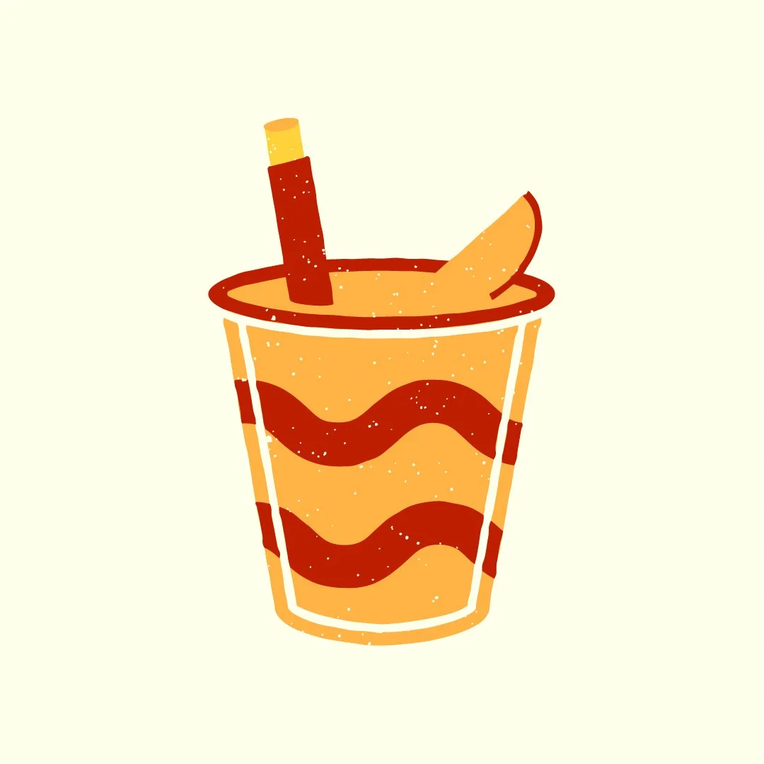 Illustration of a glass of soda with ice and a straw