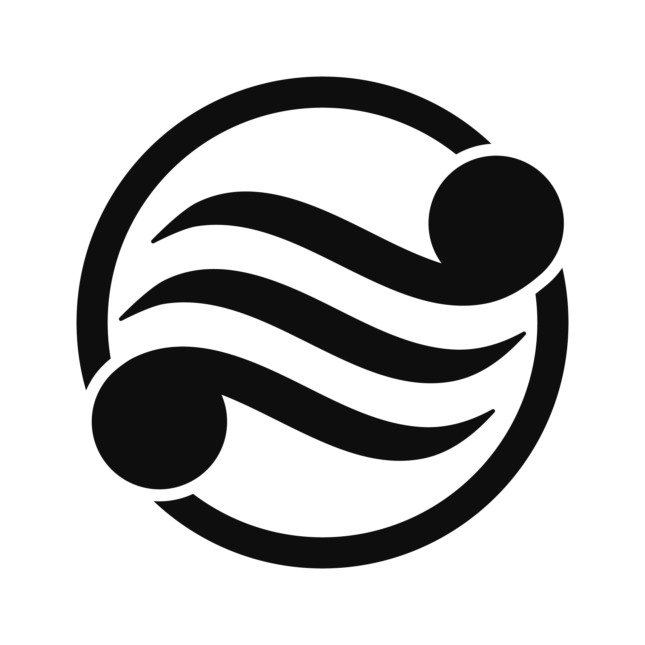 A logo with a circular design featuring two stylized human figures and wavy lines in the center.
