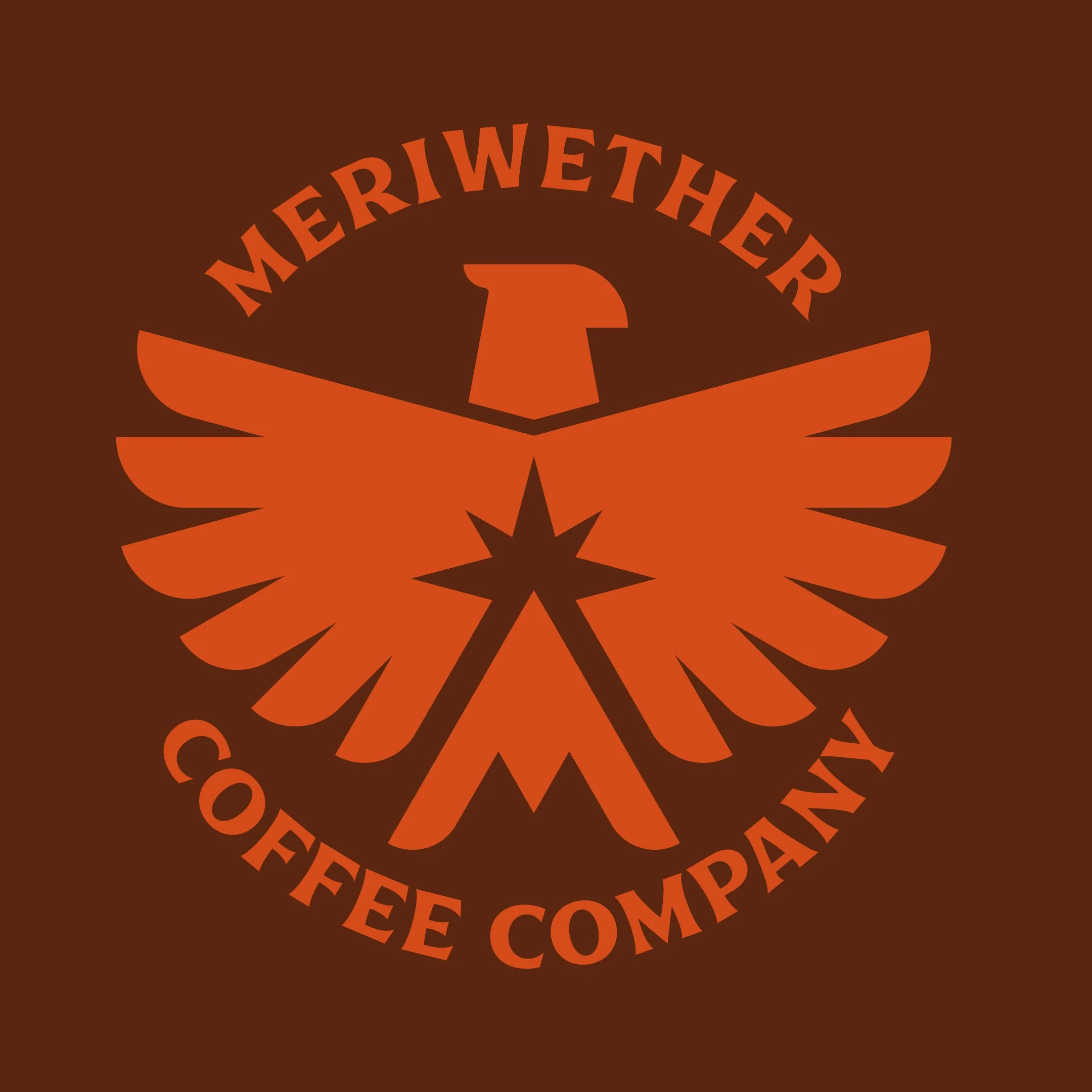 Logo of Meriwether Coffee Company featuring an eagle with outstretched wings and a star, with the company name above and below in orange text on a brown background.