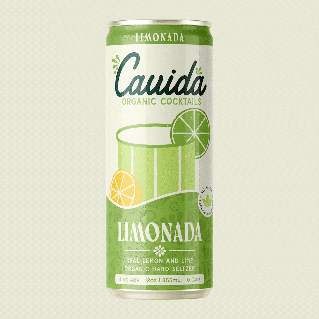 A tall can of Caudá Limeade organic cocktail seltzer with a green and white label, illustrations of lime and lemon slices, indicating it is a lemon and lime flavored organic hard seltzer.