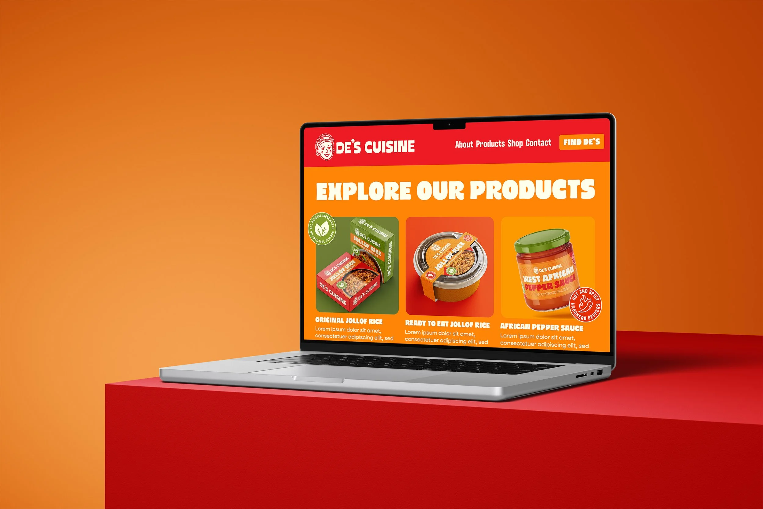 A laptop displaying a website for De's Cuisine, featuring products like Original Jollof Rice, Ready to Eat Jollof Rice, and African Pepper Sauce, on a red and orange background.