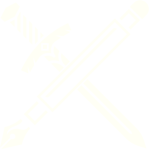 A black and white graphic of a pencil, a fountain pen, and a safety pin crossed over each other.