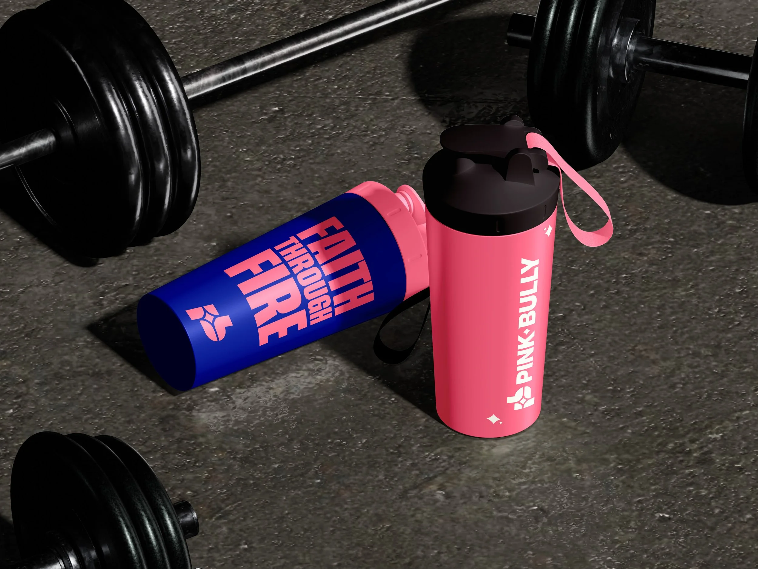 A close-up of a barbell on the ground with a pink shaker bottle and a can labeled 'FRESH, FUELED, STRONG' also on the ground, all on a dark surface.