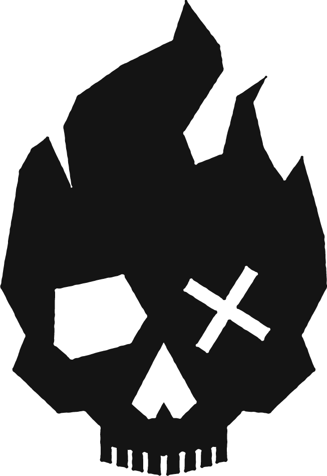 Black silhouette of a skull with a cross over one eye and a small triangle nose.