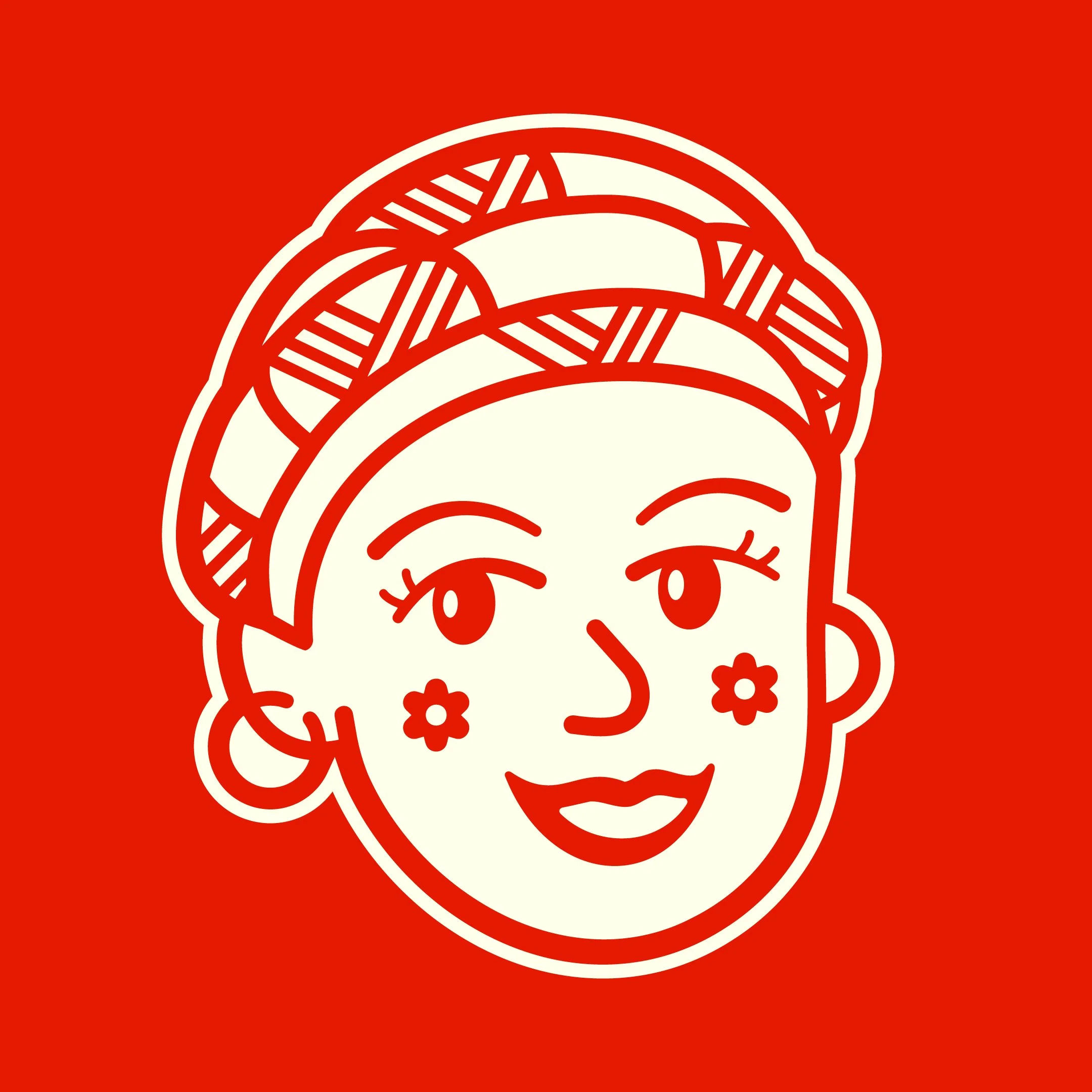 Stylized illustration of a woman's face with earrings and a headscarf against a red background.