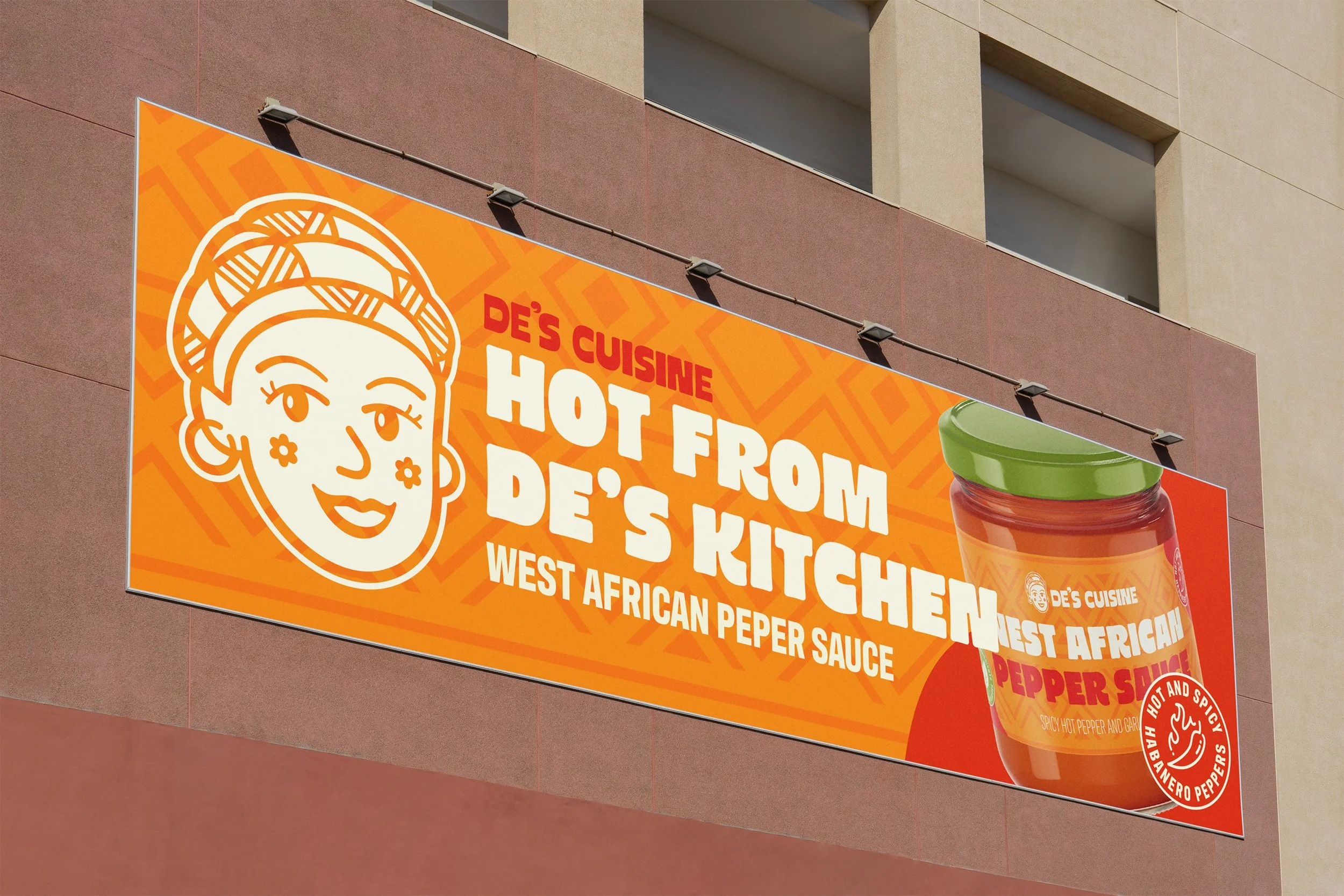 Outdoor billboard advertising De' Cuisine West African pepper sauce featuring a cartoon illustration of a smiling woman with a traditional headwrap, and an image of a jar of the pepper sauce with a green lid.