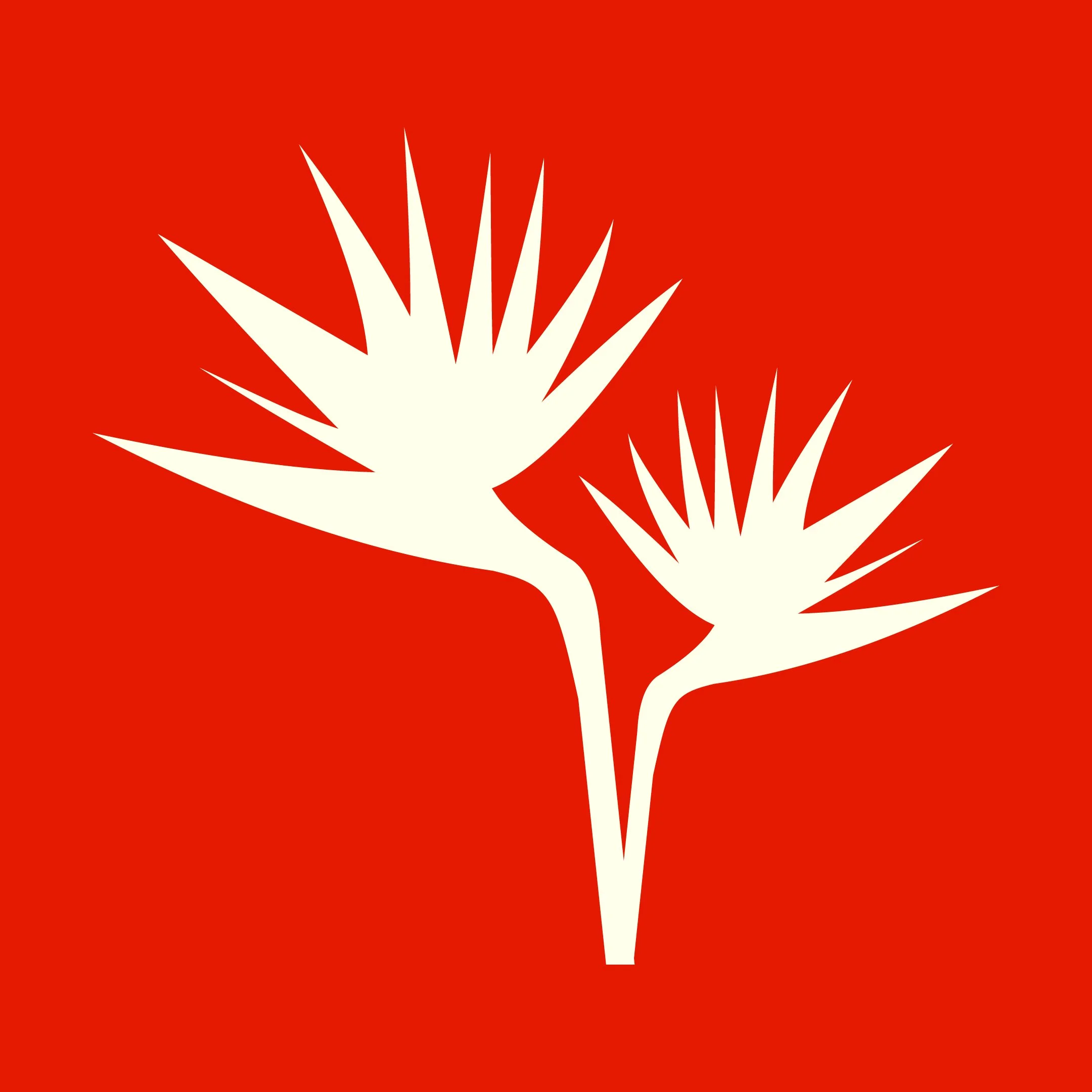 Red background with white silhouette of two flowers with elongated petals.