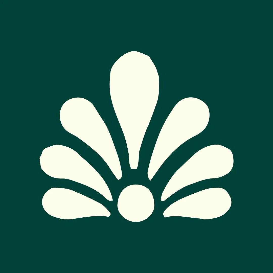Simplified graphic of a white stylized pinecone or plant with multiple segments on a dark green background.