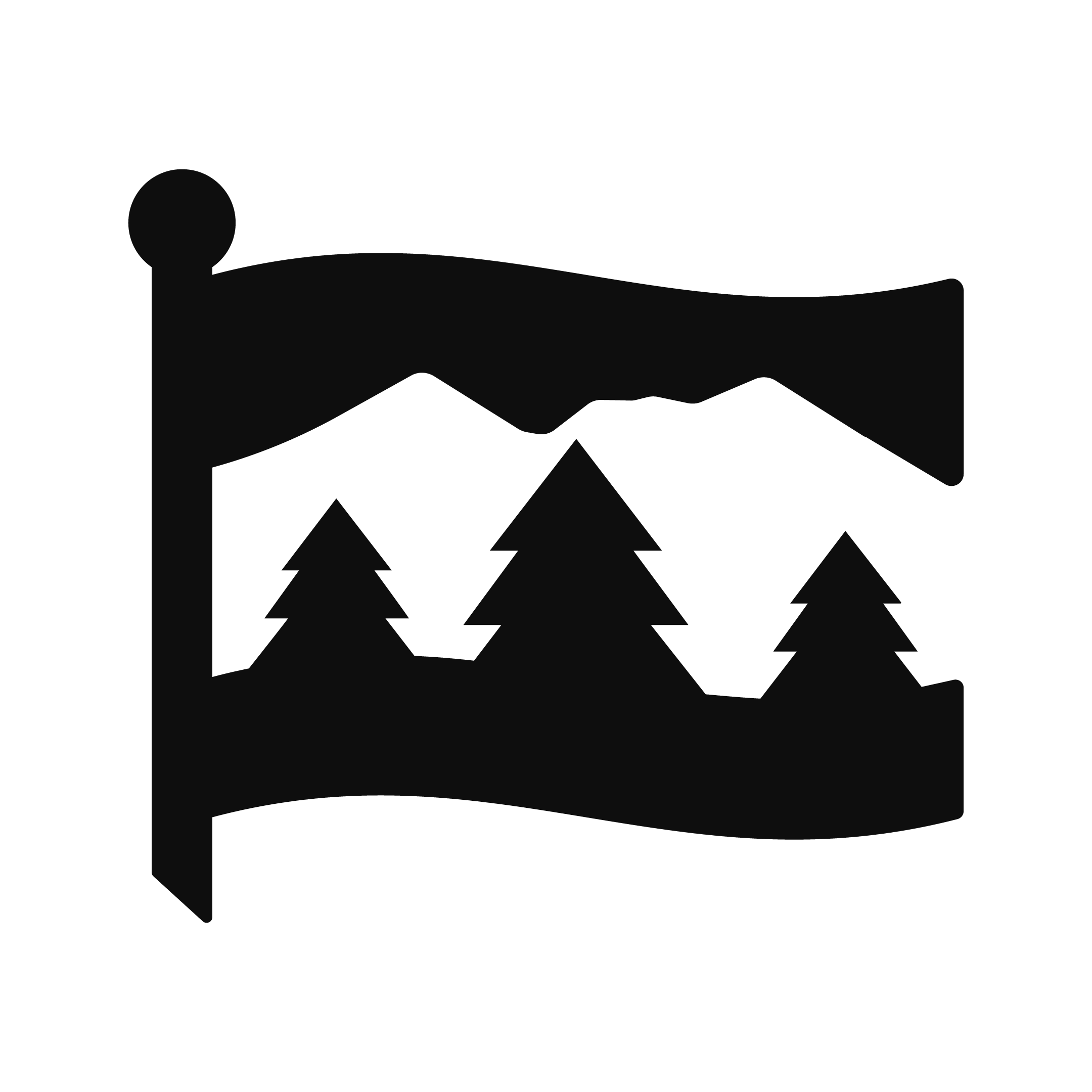 Silhouette of a mountain landscape with three pine trees in the foreground, mountains in the background, and a banner or flag at the top.