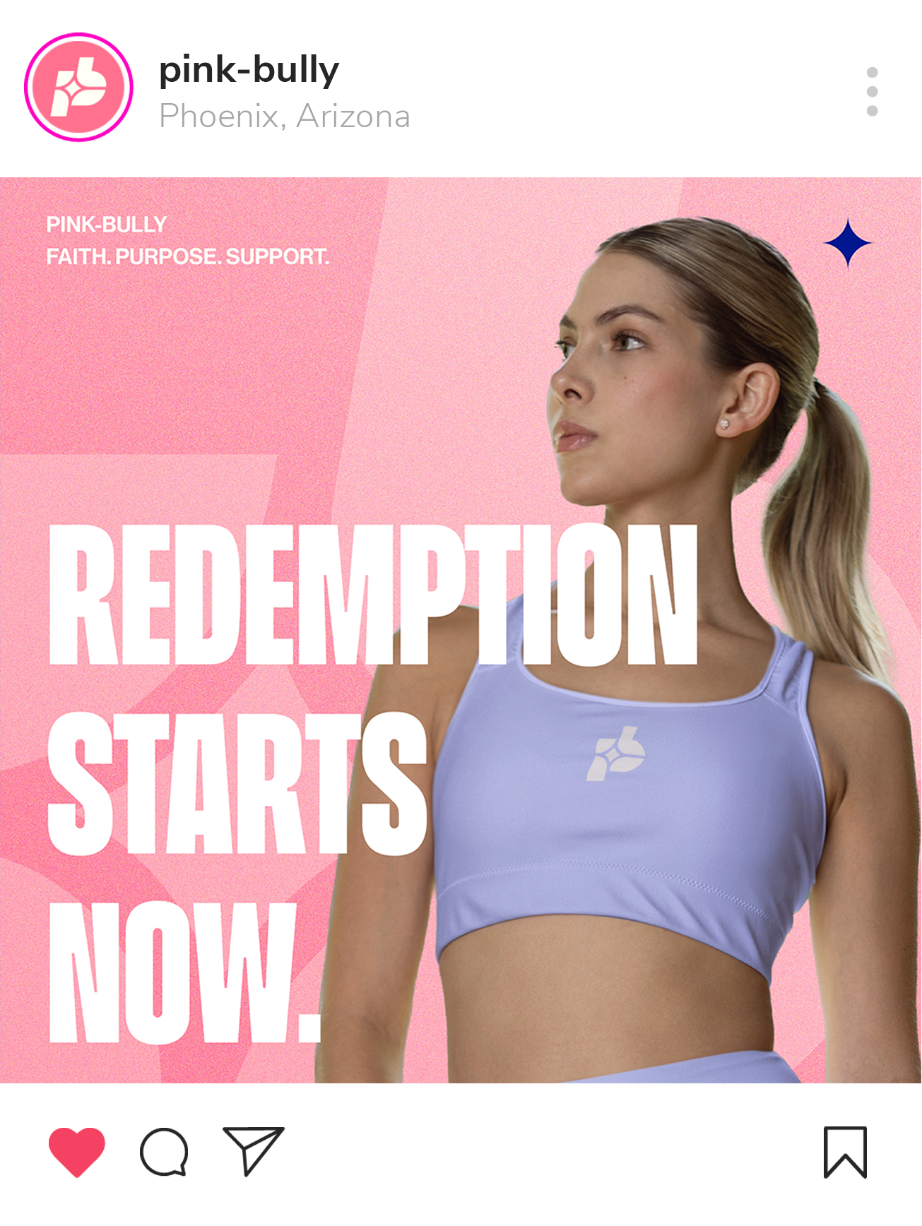 A woman wearing a purple sports bra with a logo on it, standing against a pink background with text that reads "Redemption Starts Now" and "Pink-Bully Faith. Purpose. Support."