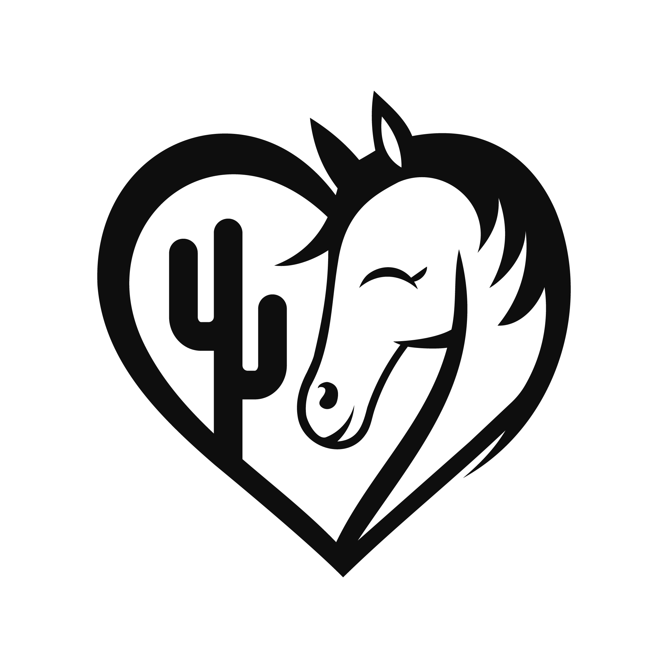 A line drawing of a heart shape, featuring a cactus on the left side and a horse's head on the right side.