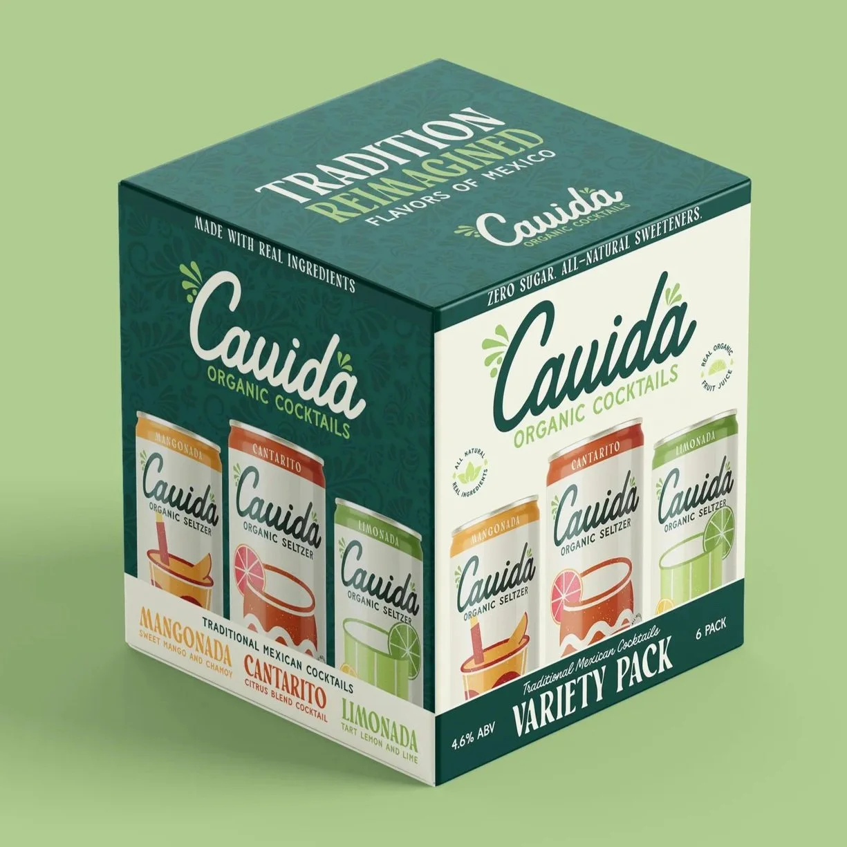 A box of Cauida organic cocktail variety pack with images of six different canned cocktails featuring flavors like mango, cantaro, lemon, and lime