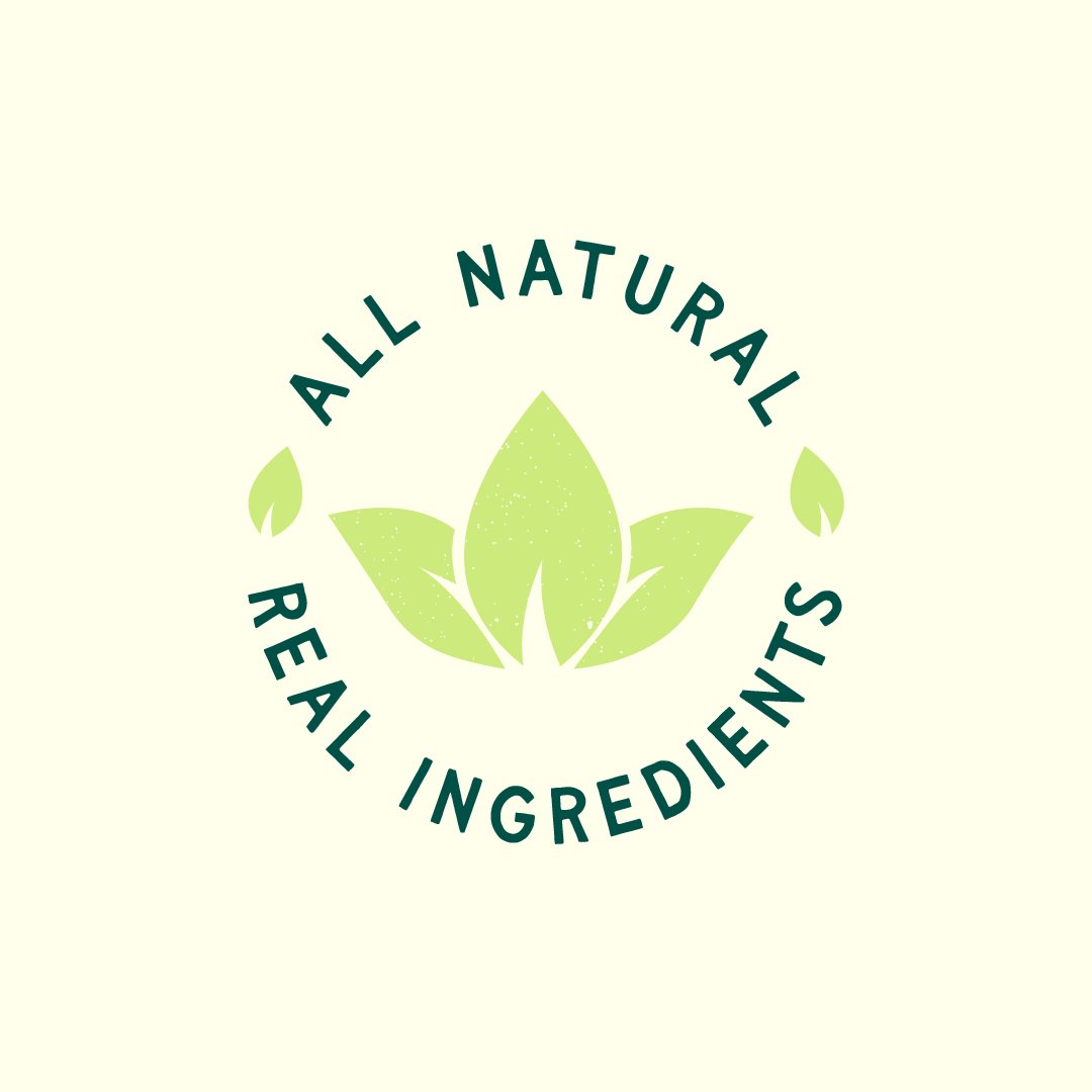 A circular logo with green leaves and the text 'All Natural Real Ingredients' around it, on a light green background.