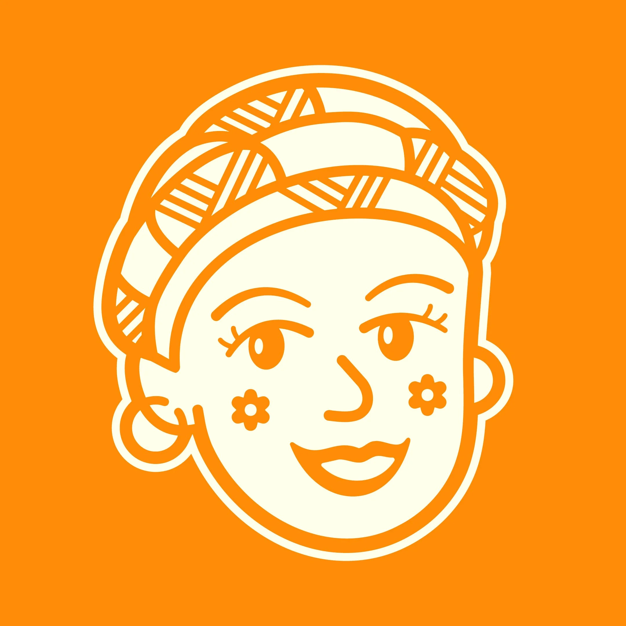 Illustration of a woman with a patterned headwrap, earrings, and flowers on her cheeks, set against an orange background.