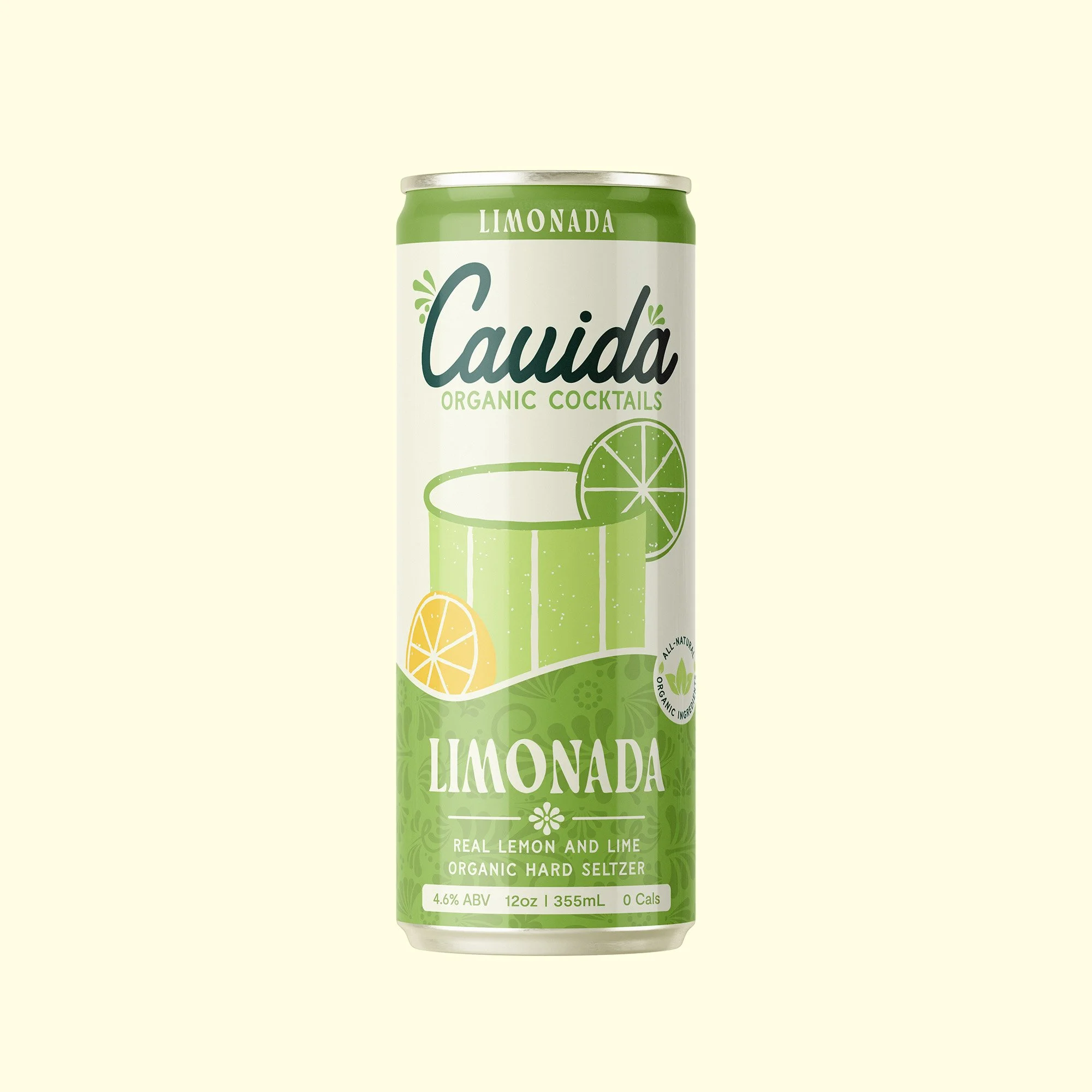 A can of Caudá organic cocktails Limonada, a hard hard seltzer with lemon and lime flavor, with a green and white color scheme, featuring illustrations of lemon and lime slices.