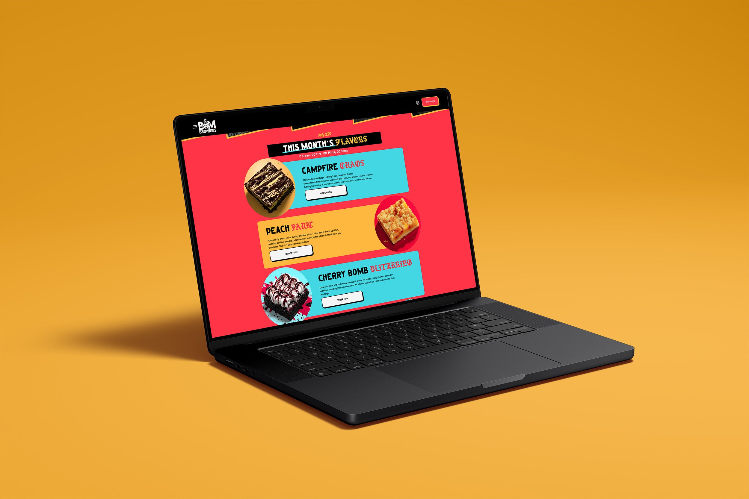 A laptop displaying a dessert menu with three items, each with pictures and descriptions on a red background, on a yellow surface.