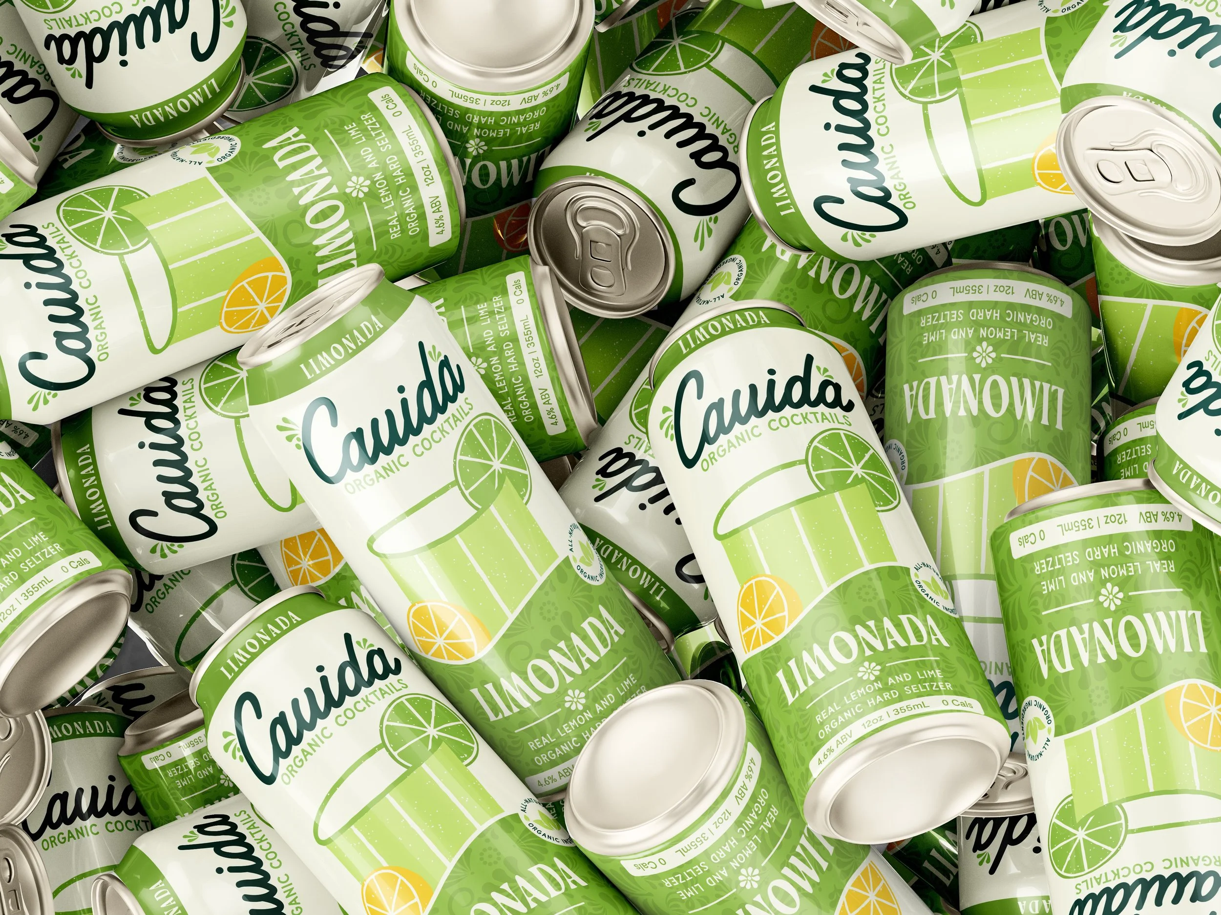 Piles of green and white cans of Cuida organic cocktails lemon and lime flavor, with illustrations of lemon and lime slices.
