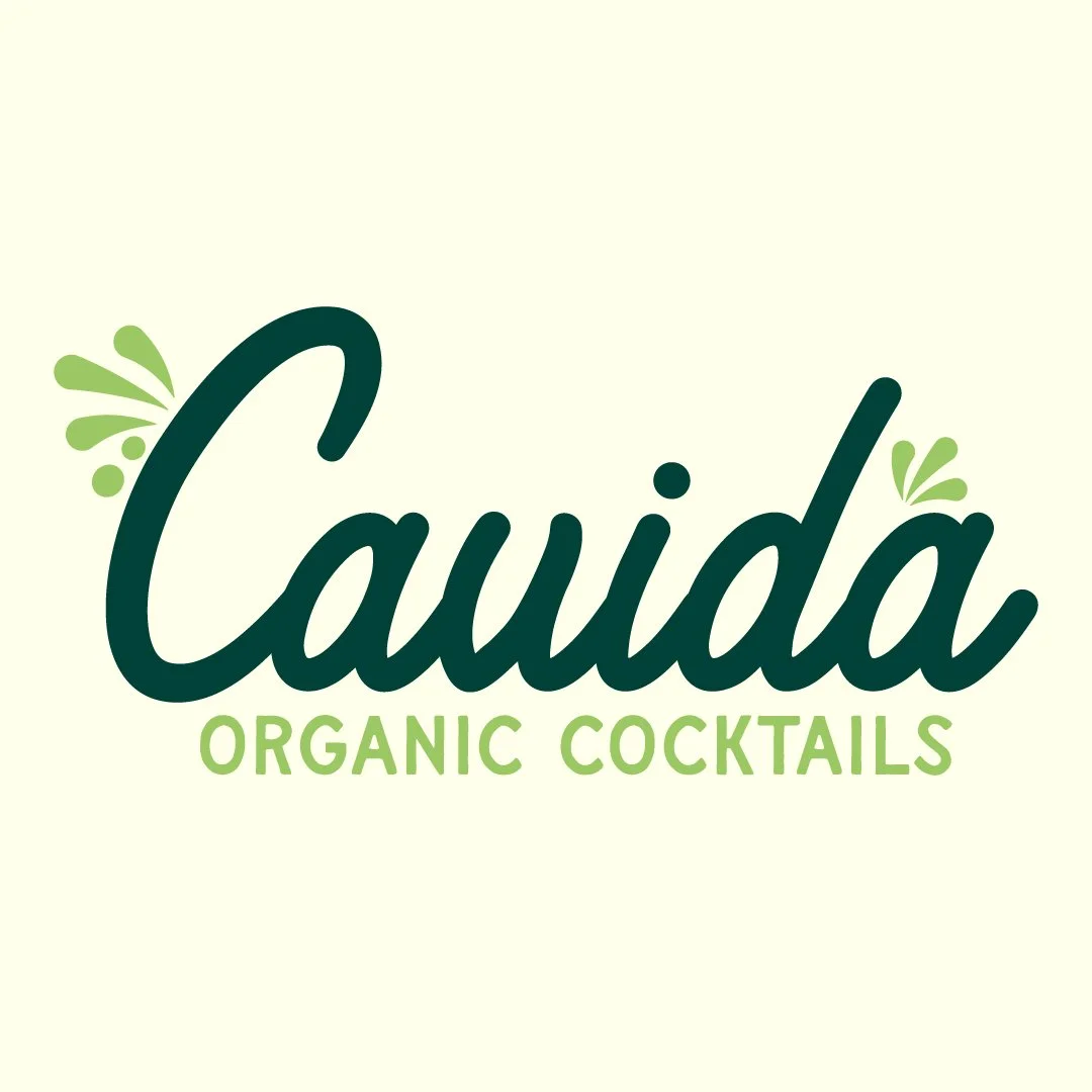 Logo for Čauda Organic Cocktails with green and black text and leaf accents on a light background.