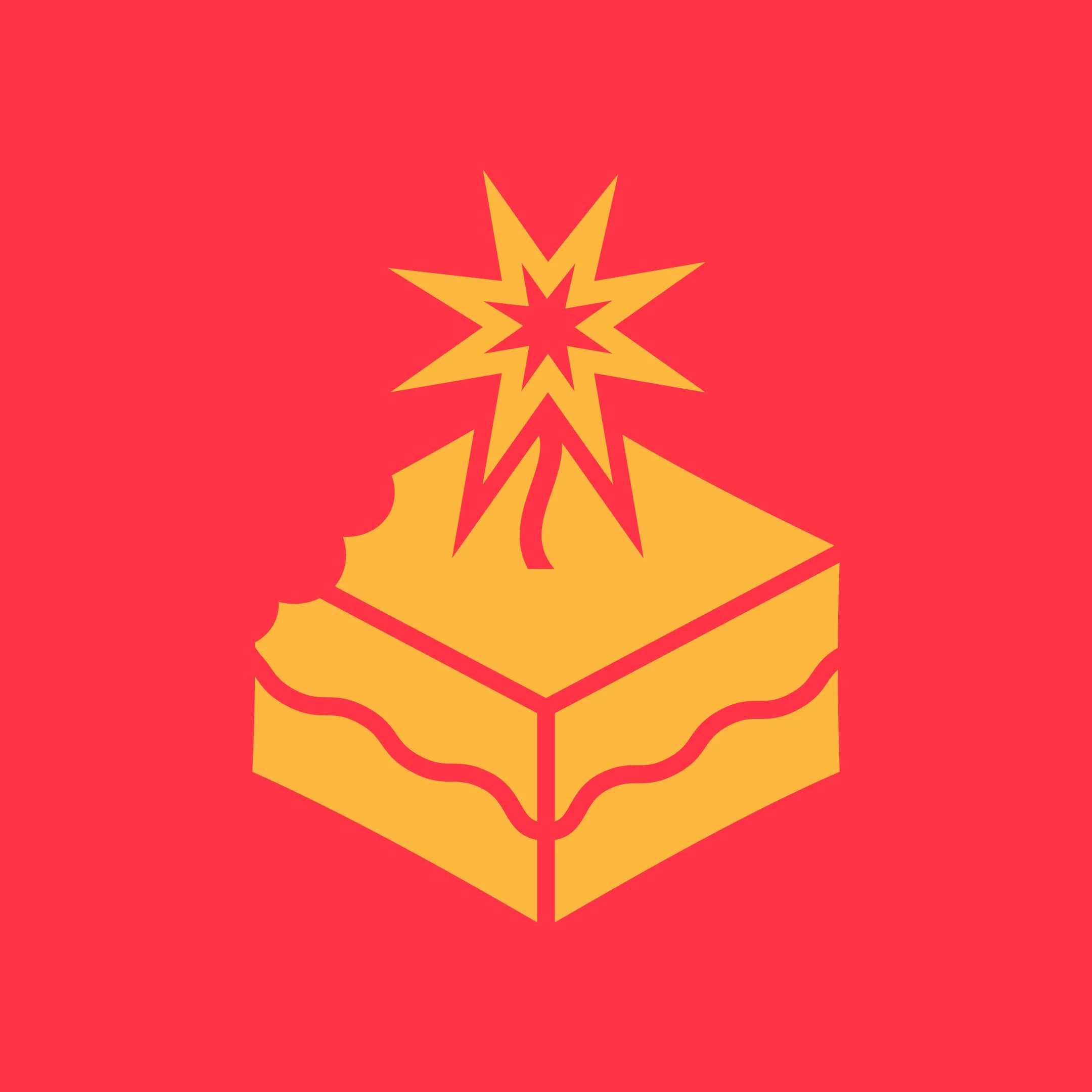 Simplified graphic of a cake with a burst symbol on top, on a red background.