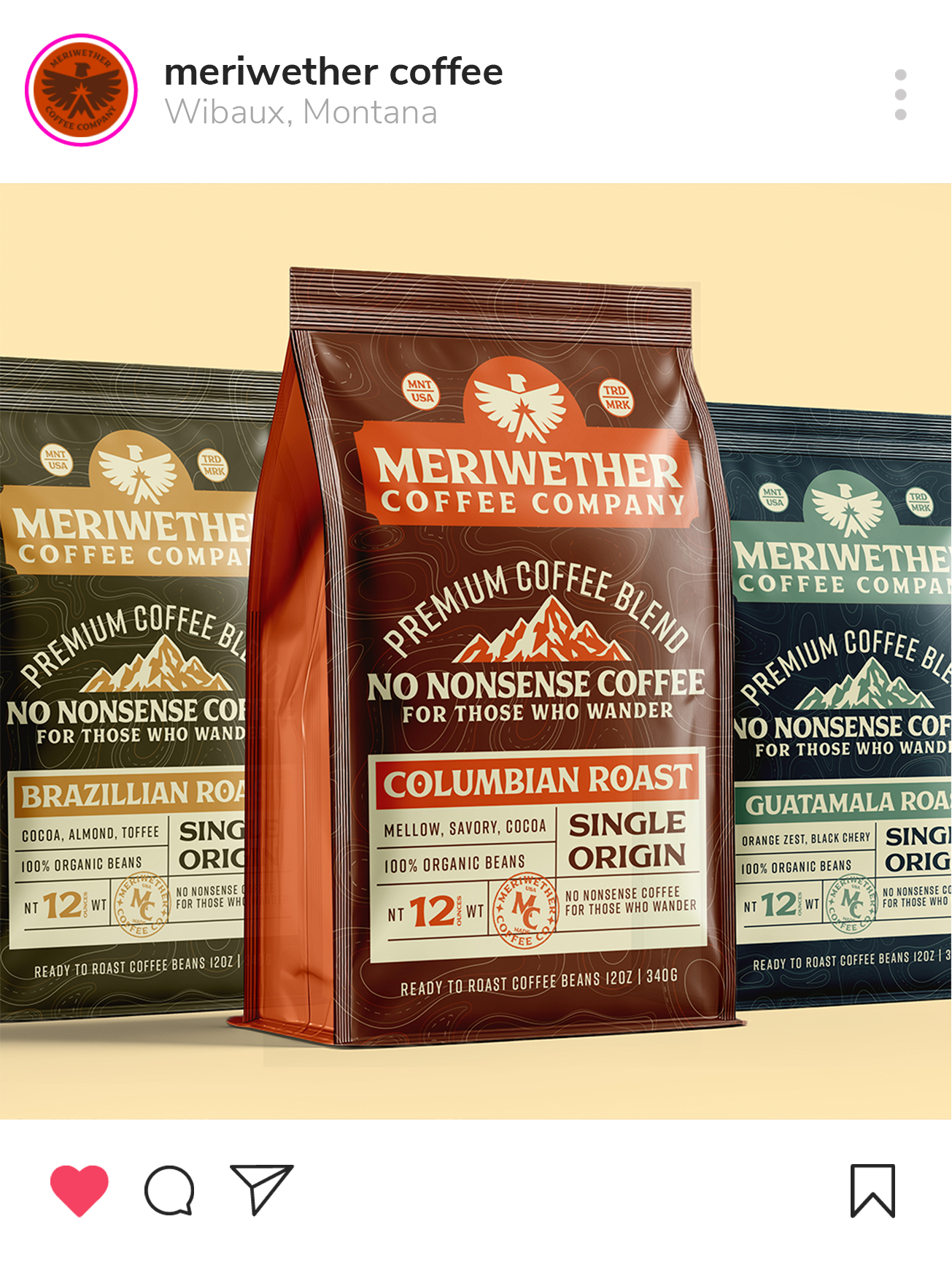 Three packages of Meriwether Coffee Company single-origin premium coffee blends, including Columbian Roast, Brazillian Road, and Guatemala Roast, displayed side by side on a beige background.