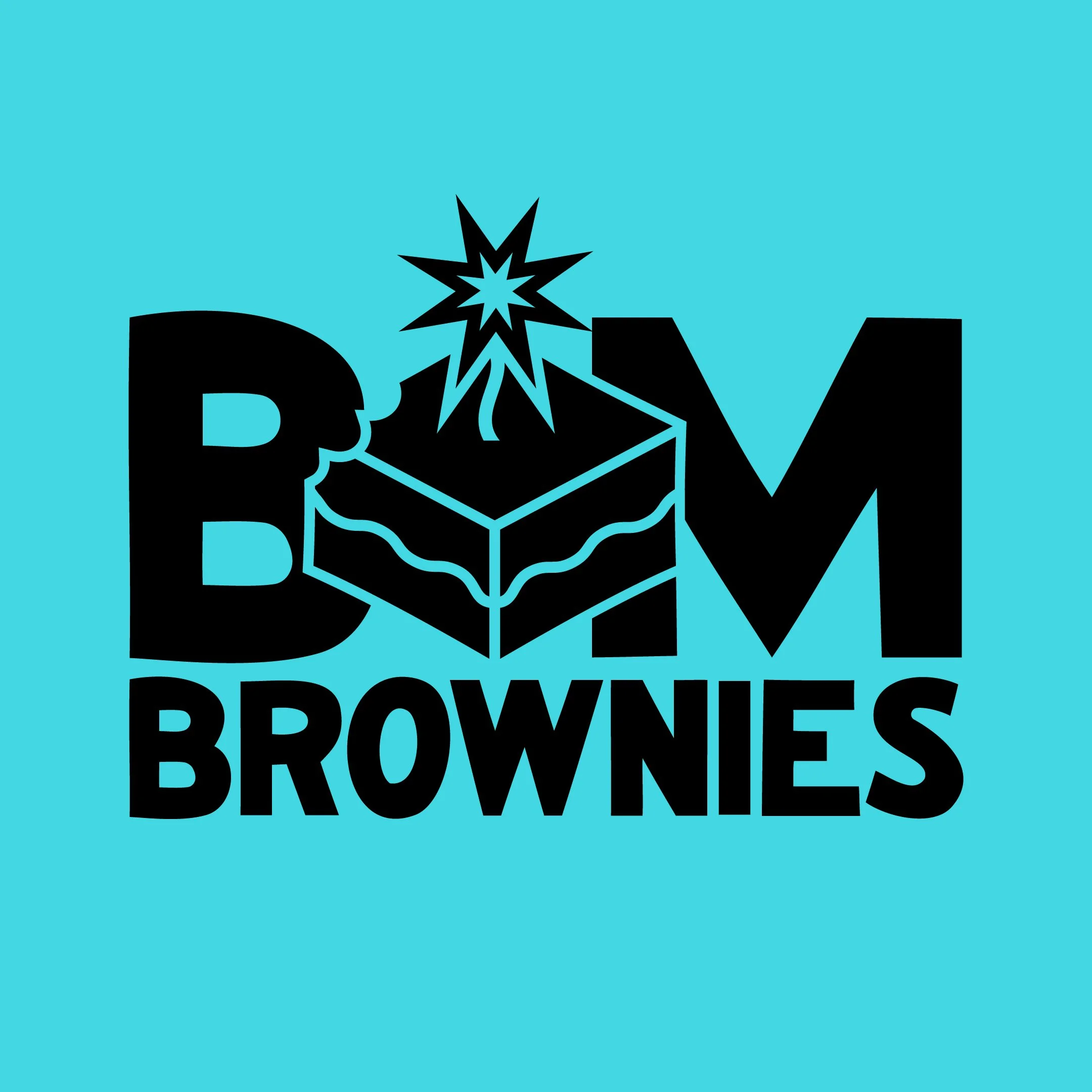 Black text reads 'BAM BROWNIES' with a graphic of a brownie with a bite taken out, topped with a spark, on a light blue background.