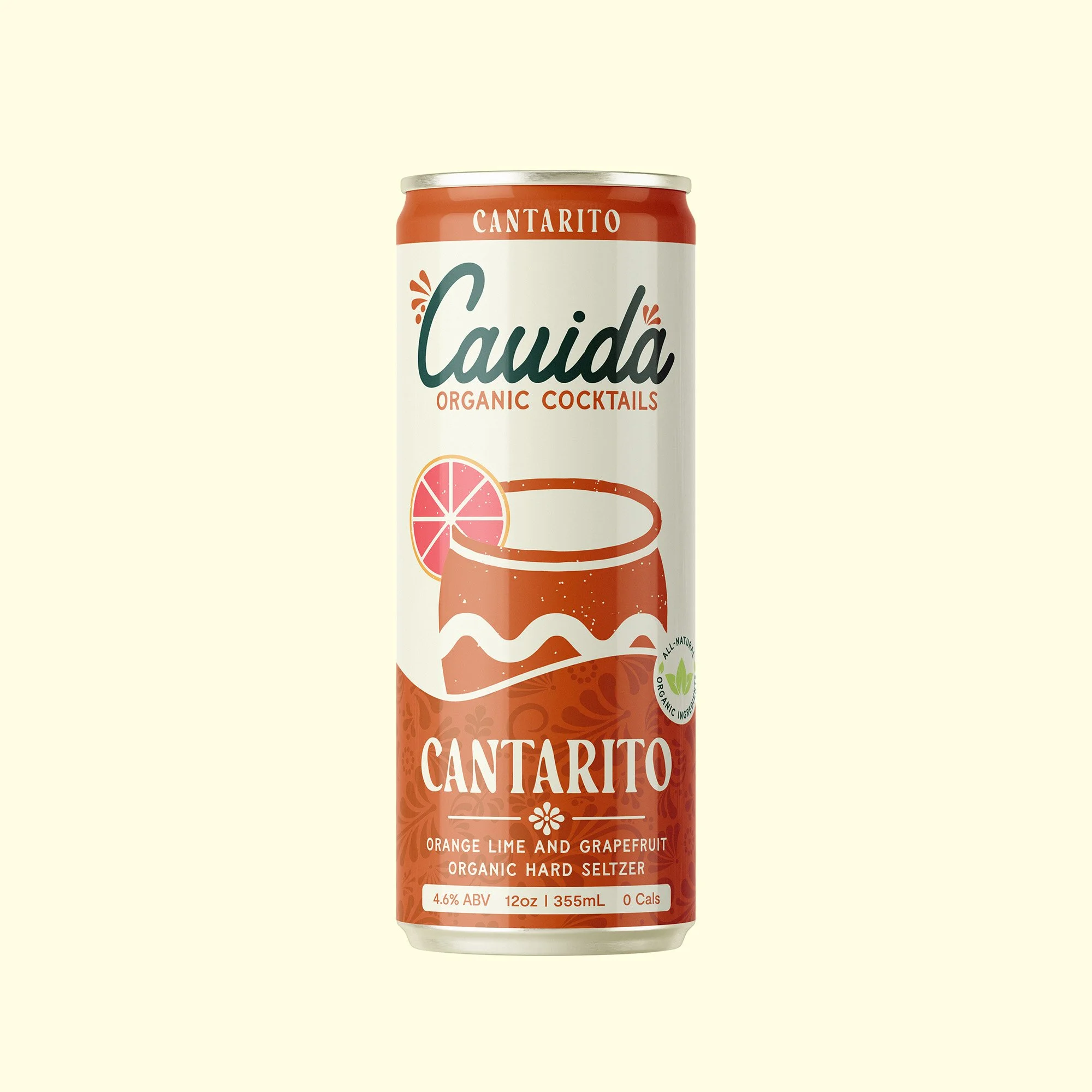 Can of Cantaro organic hard seltzer with orange, lime, and grapefruit flavor, showing a citrus slice and a glass illustration on the label.