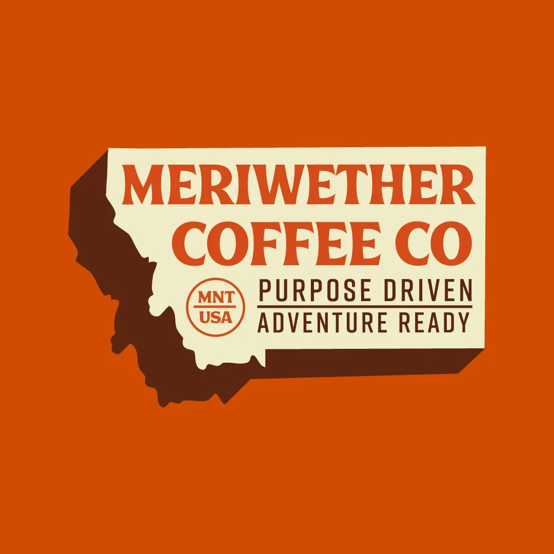 Logo for Meriwether Coffee Co. with a silhouette of Washington state, featuring the words "Meriwether Coffee Co." and phrases "Purpose Driven" and "Adventure Ready."