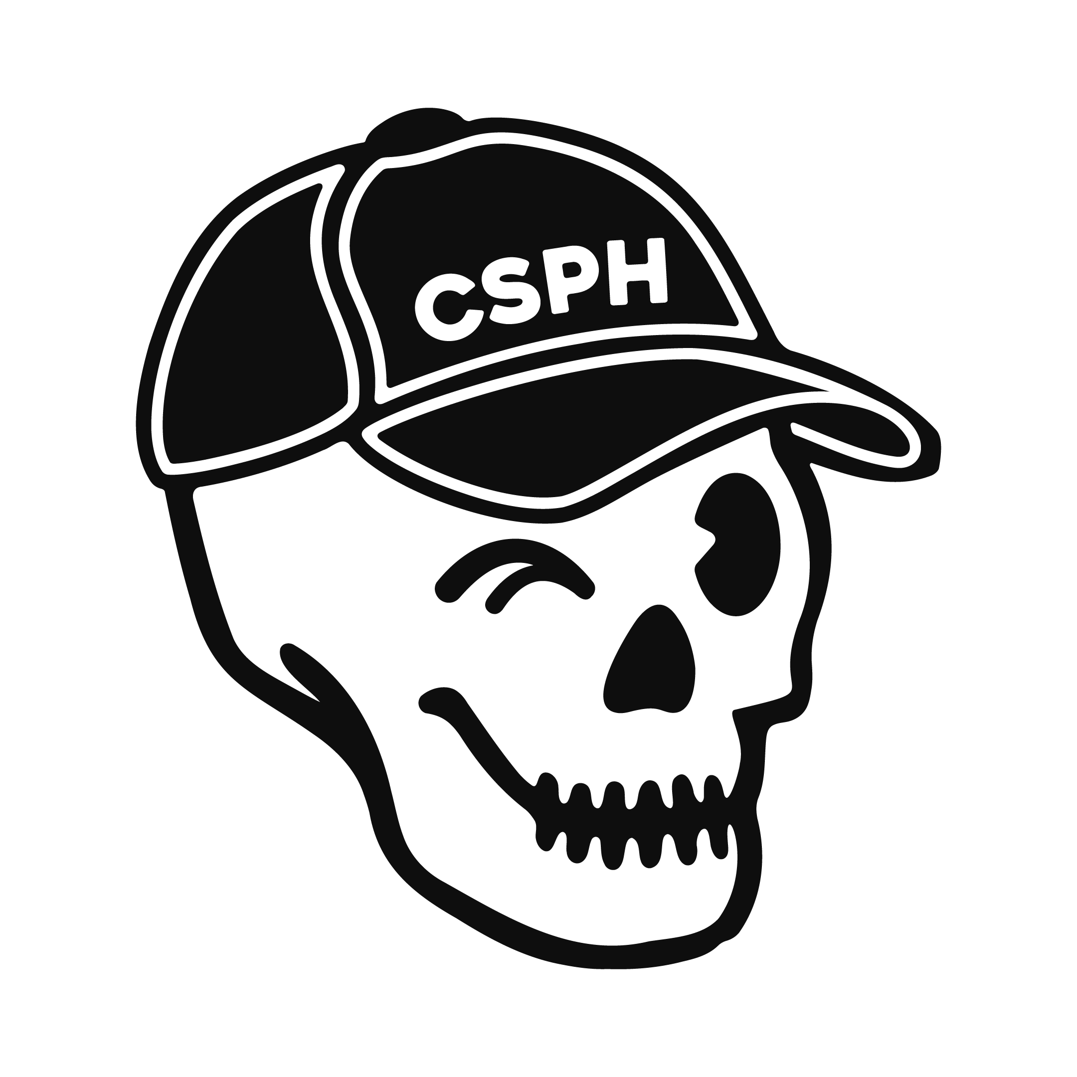 Black and white line drawing of a skull wearing a baseball cap labeled "CSPH".