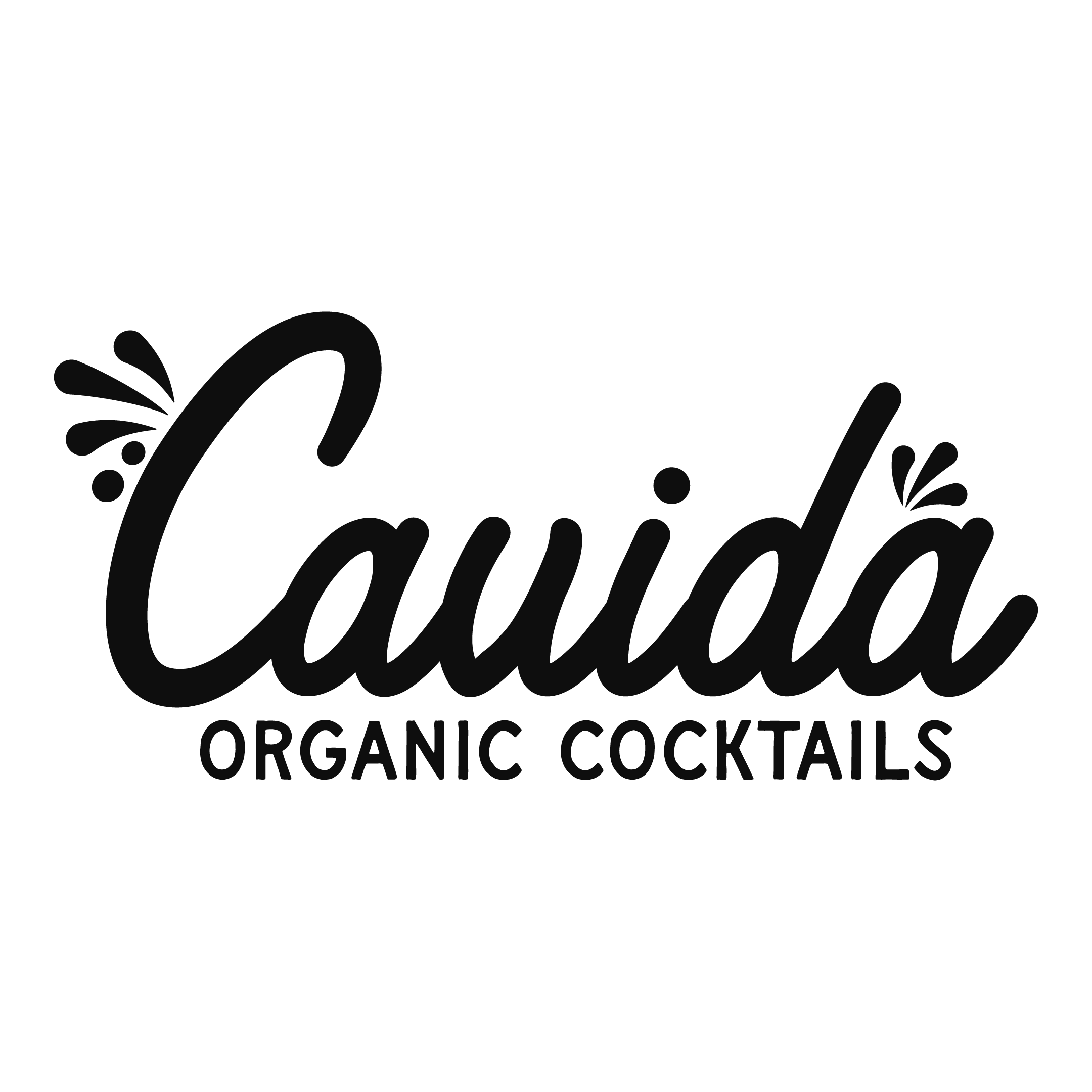 Logo for Caudá Organic Cocktails with stylized cursive text and small accent splashes.