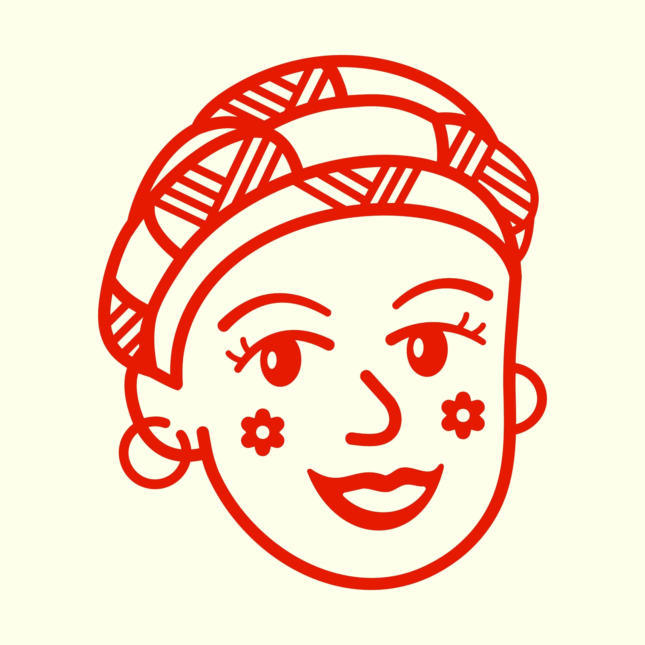 Line drawing of a woman's face with a colorful headwrap, earrings, and flowers on her cheeks.