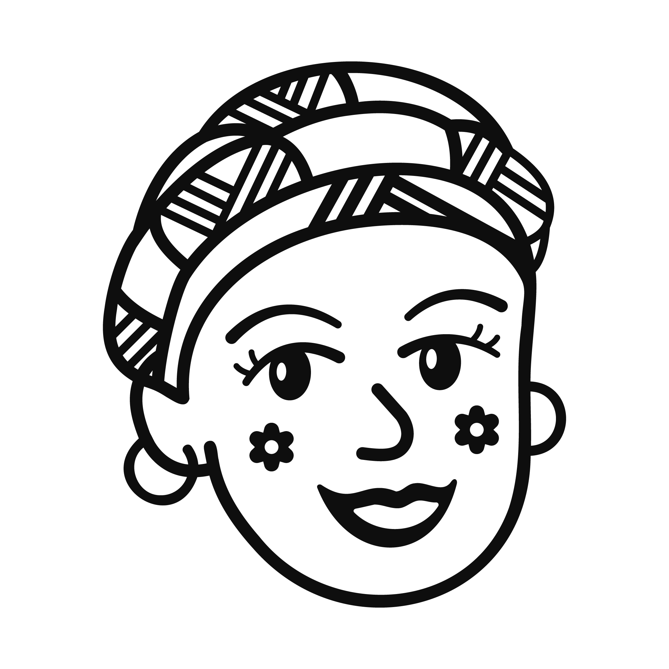 Line drawing of a woman's face wearing a headwrap, with earrings and flowers on her cheeks.