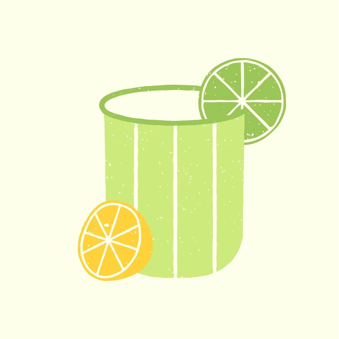 Simplified illustration of a green watermelon-flavored drink with lime and lemon slices.