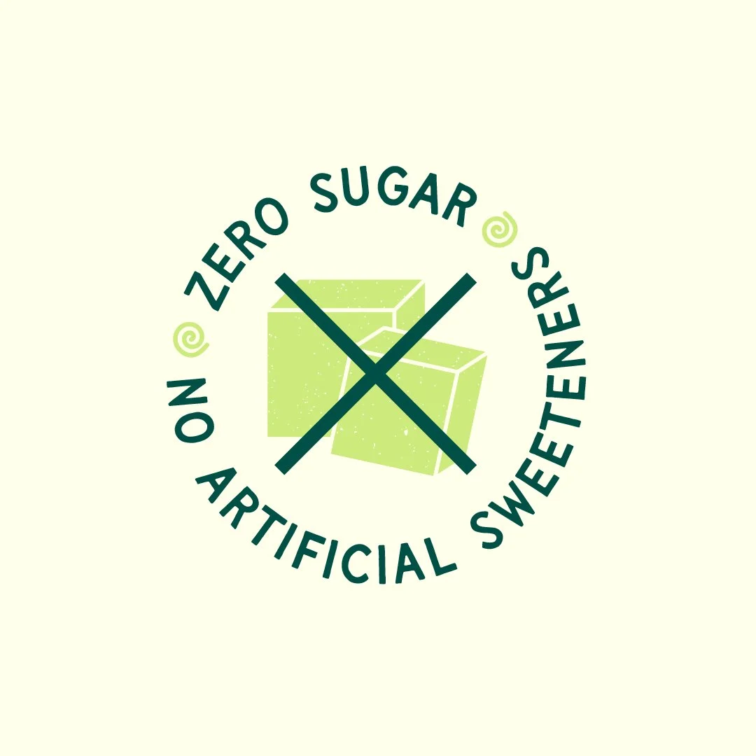 Logo with two green sugar cubes in the center, surrounded by a circle of text that reads 'Zero Sugar on Artificial Sweets'.