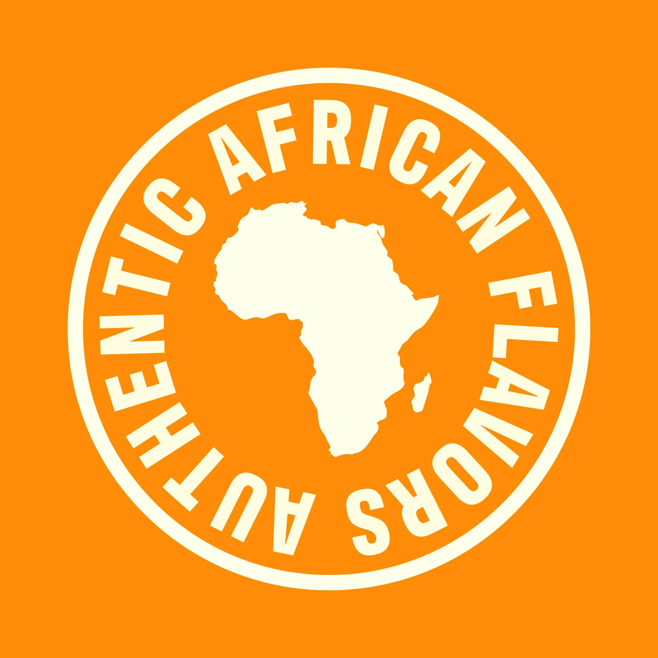 Logo of the African Flavours event, featuring a map of Africa inside a circular border with the text 'African Flavours' repeated around it, on an orange background.
