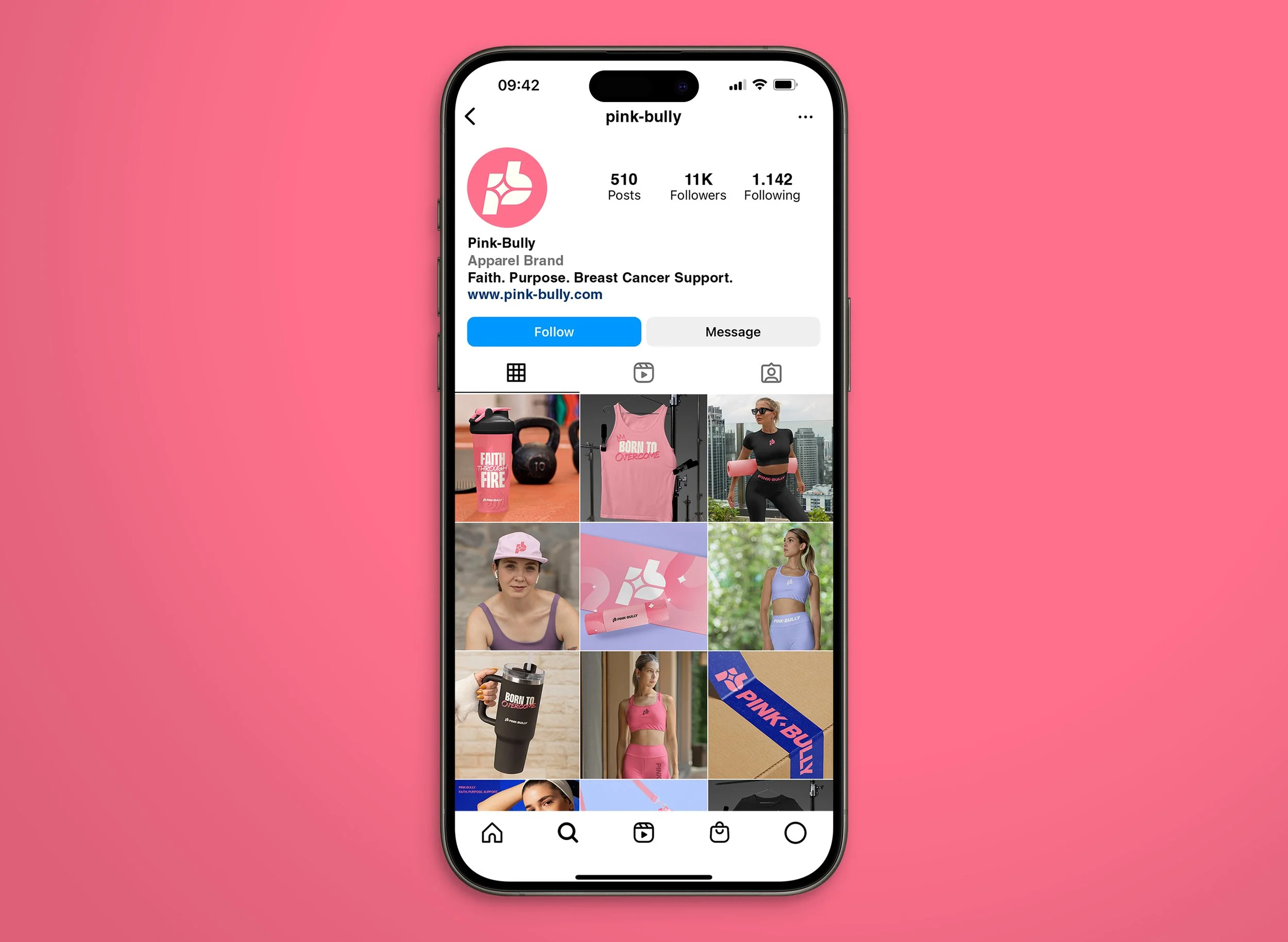 Smartphone displaying Pink-Bully social media profile with images of athletic wear and fitness products against a pink background.