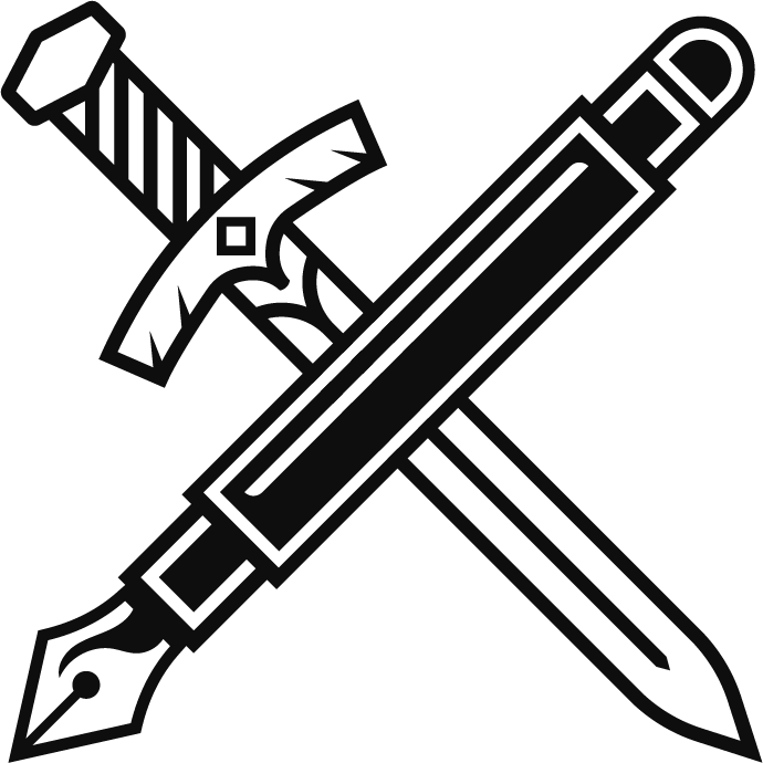 Line drawing of a fountain pen crossed with a paintbrush.