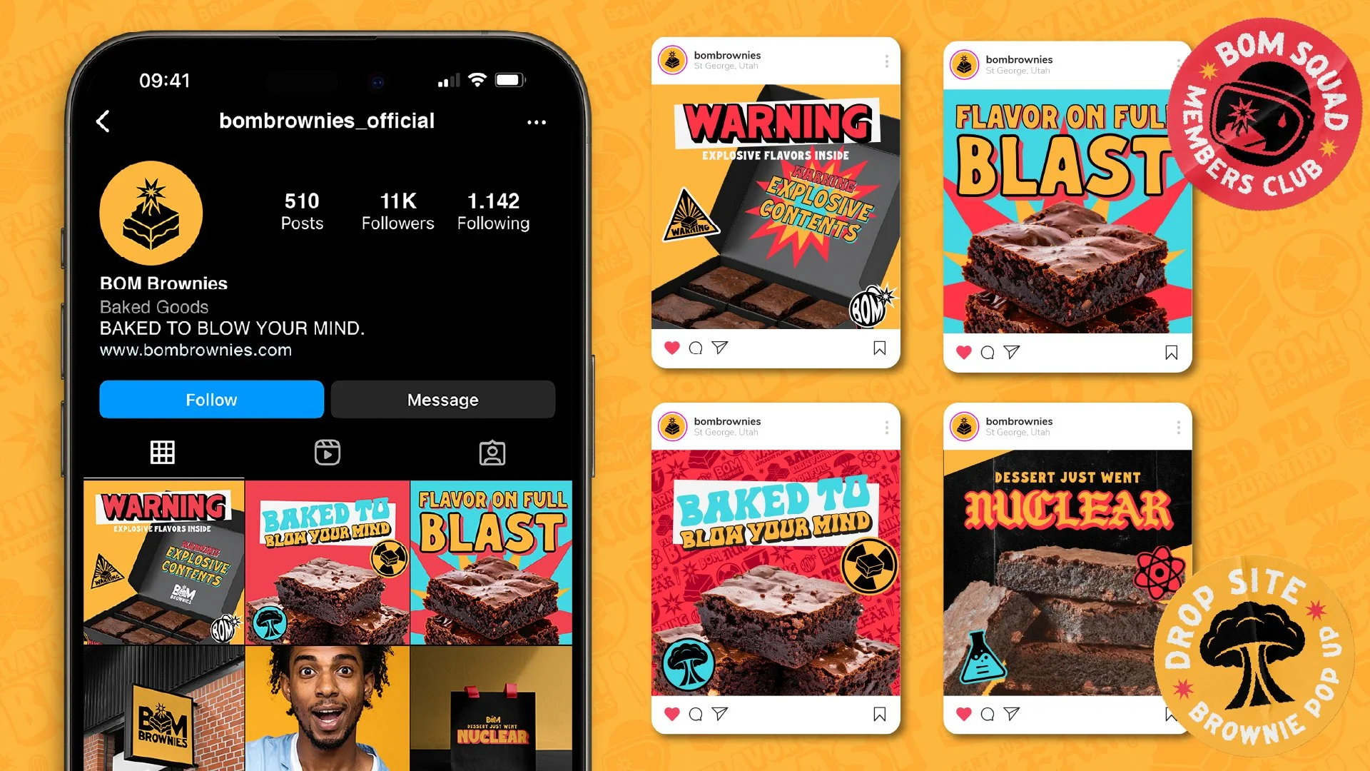 Collage of social media posts and an Instagram profile for BOM Brownies, featuring images of brownie products, warning labels, flavor descriptions, and promotional graphics.