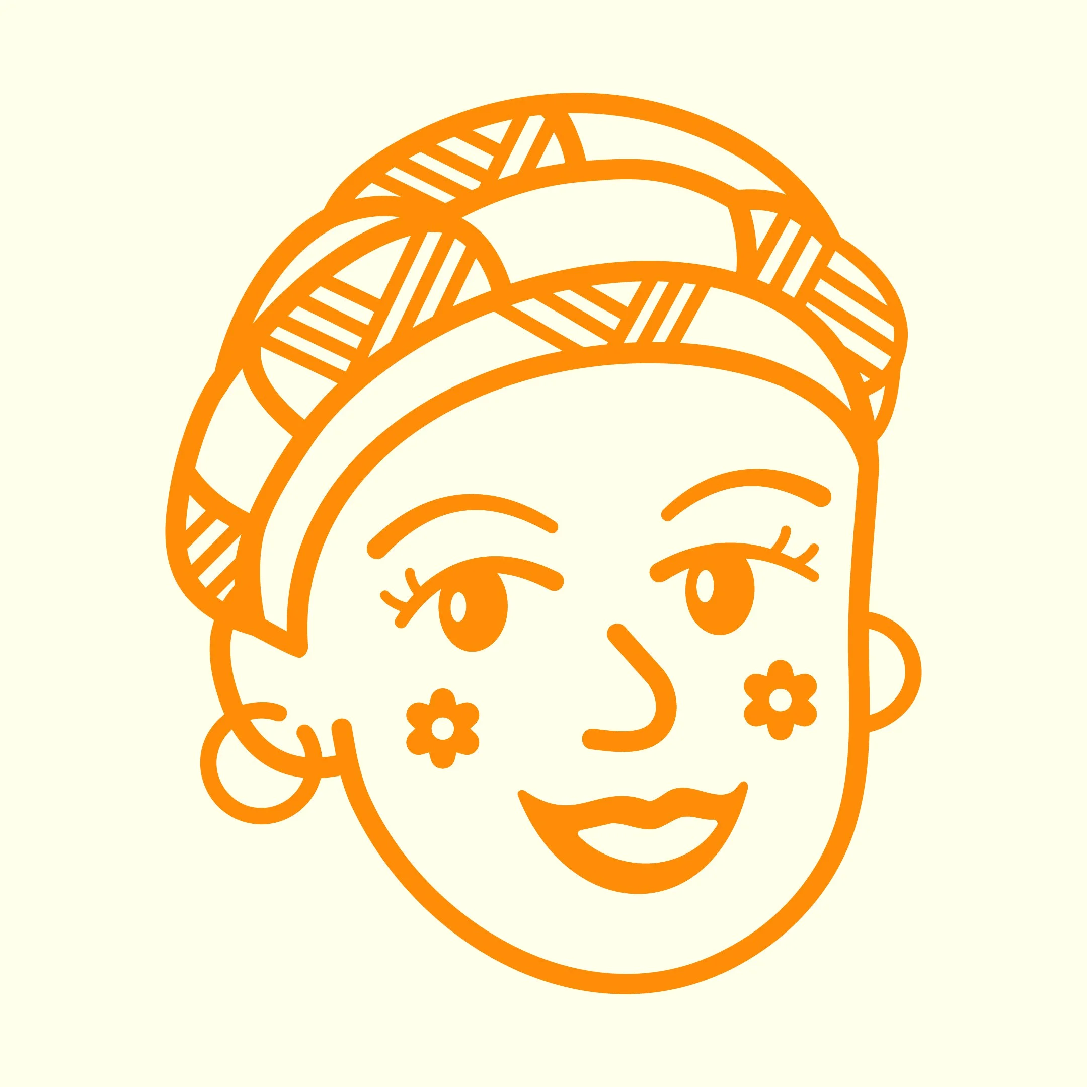 Line drawing of a woman's face with traditional hairstyle, earrings, and flowers on her cheeks.
