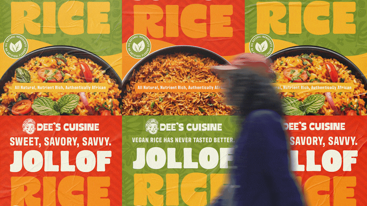 Three packages of JJOLLOF RICE spices on a counter with a spoon stirring the middle package. The packages have colorful labels with a picture of seasoned rice, and text promoting vegan, natural ingredients, and African flavors.