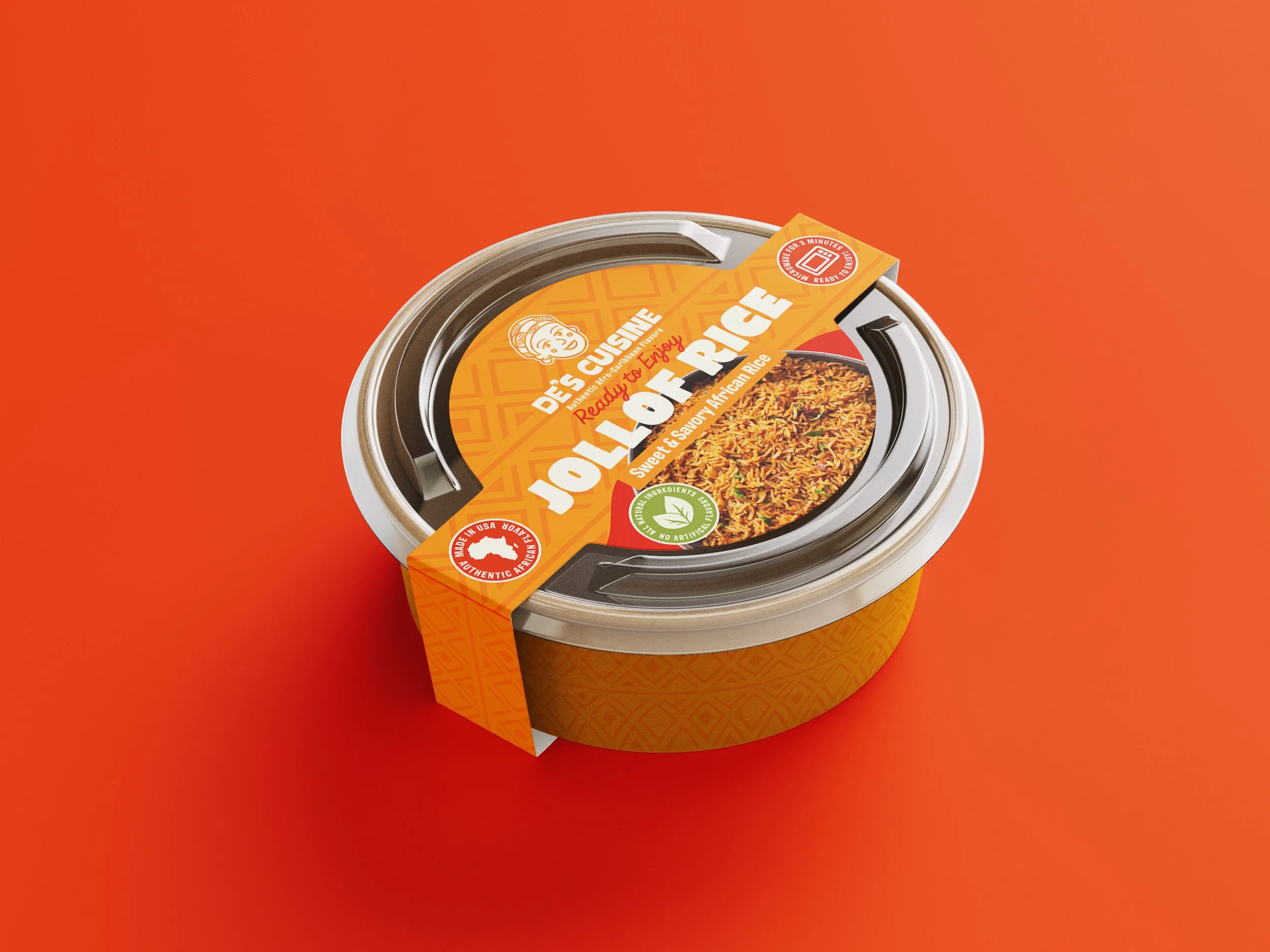 A round container of jollof rice with a plastic lid, orange and white packaging, and a label that says "Déjà Cuisine Jollof Rice" with a picture of cooked rice and some graphics, set against an orange background.